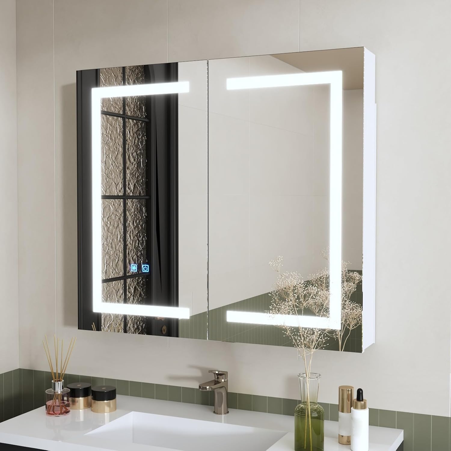 Lighted Medicine Cabinet with Mirror, Anti-Fog, 35” Bathroom Mirror Cabinet with Storage Shelf, Wall Mounted 2 Door Bathroom Storage with Adjustable LED Lights, White, 35.4”W x 31.5”H x 5.1”D