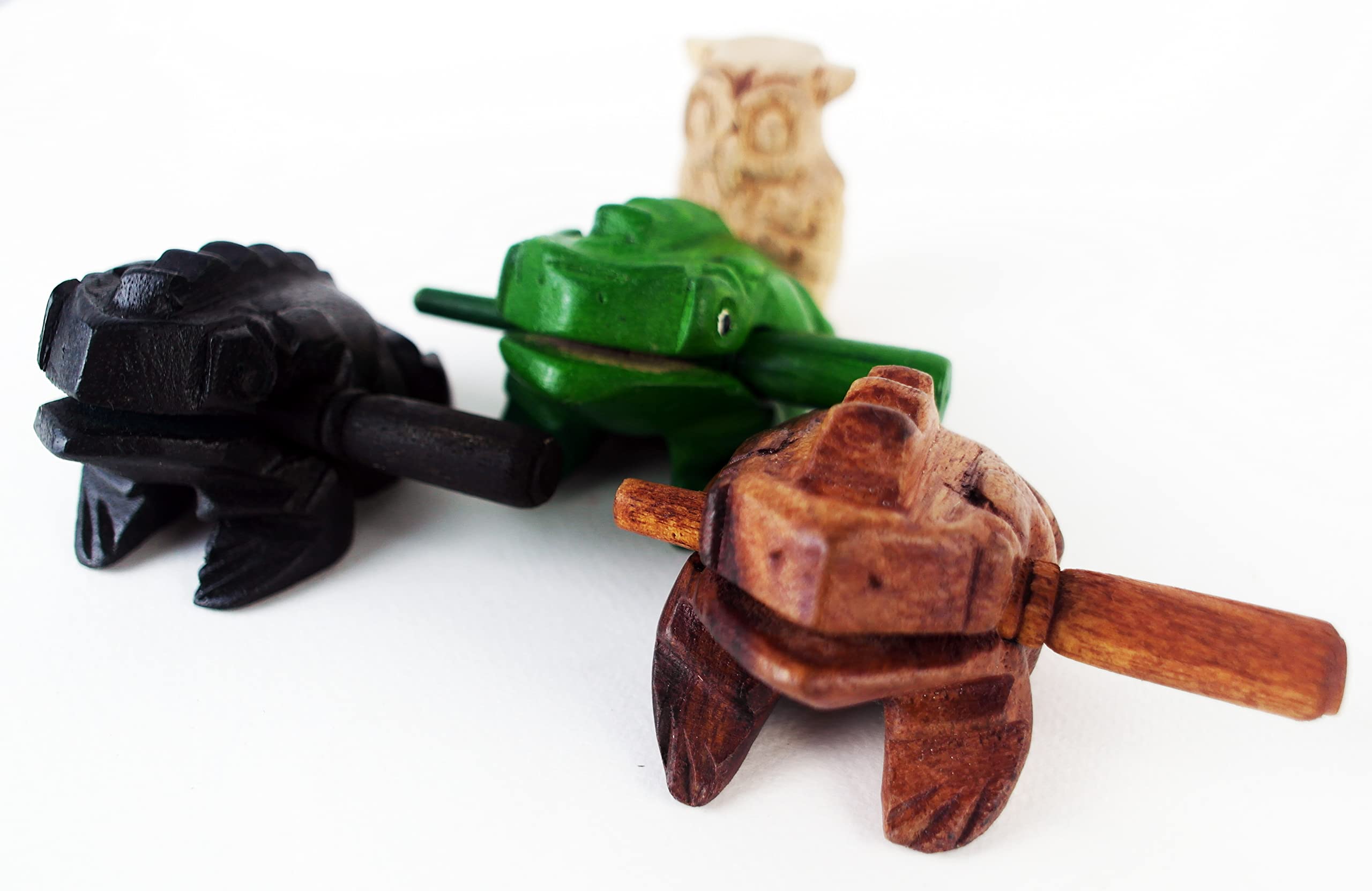 Guiro Percussion Instruments Wooden Frog 4 Pieces Set of 3 Natural Wood Güiro Frog and Mini owl 2.75 Inch Black Green Wood Carving