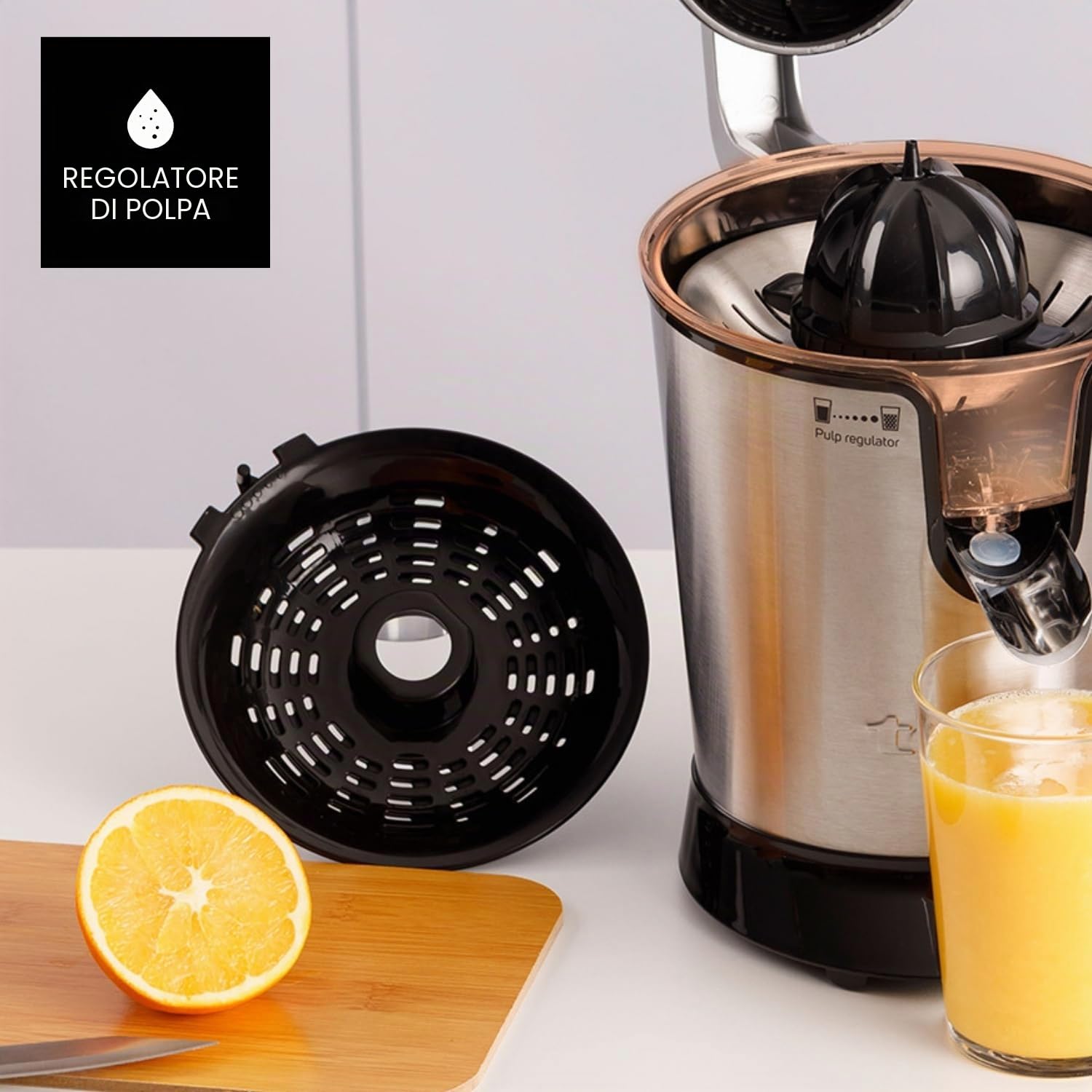 Taurus - Spremiagrumi elettrico a leva +1000W | Versamento continuo antigoccia | Cono per tutti gli agrumi | Filtro polpa regolabile | Serbatoio 650 ml | Senza BPA | Antiscivolo | Lavastoviglie