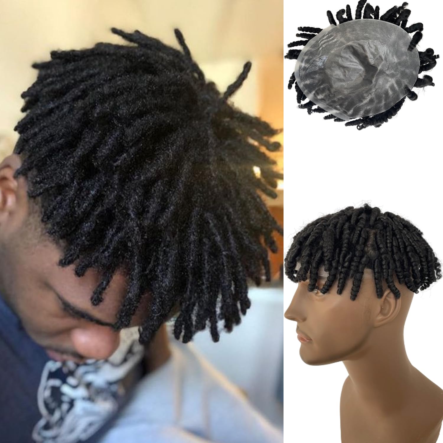 Voloria Afro Kinky Twist Crochet Braids Hair Toupee for Black Men African American Human Hair V-looped PU Hairpieces 8x10 inch Hair System #1 Jet Black Color