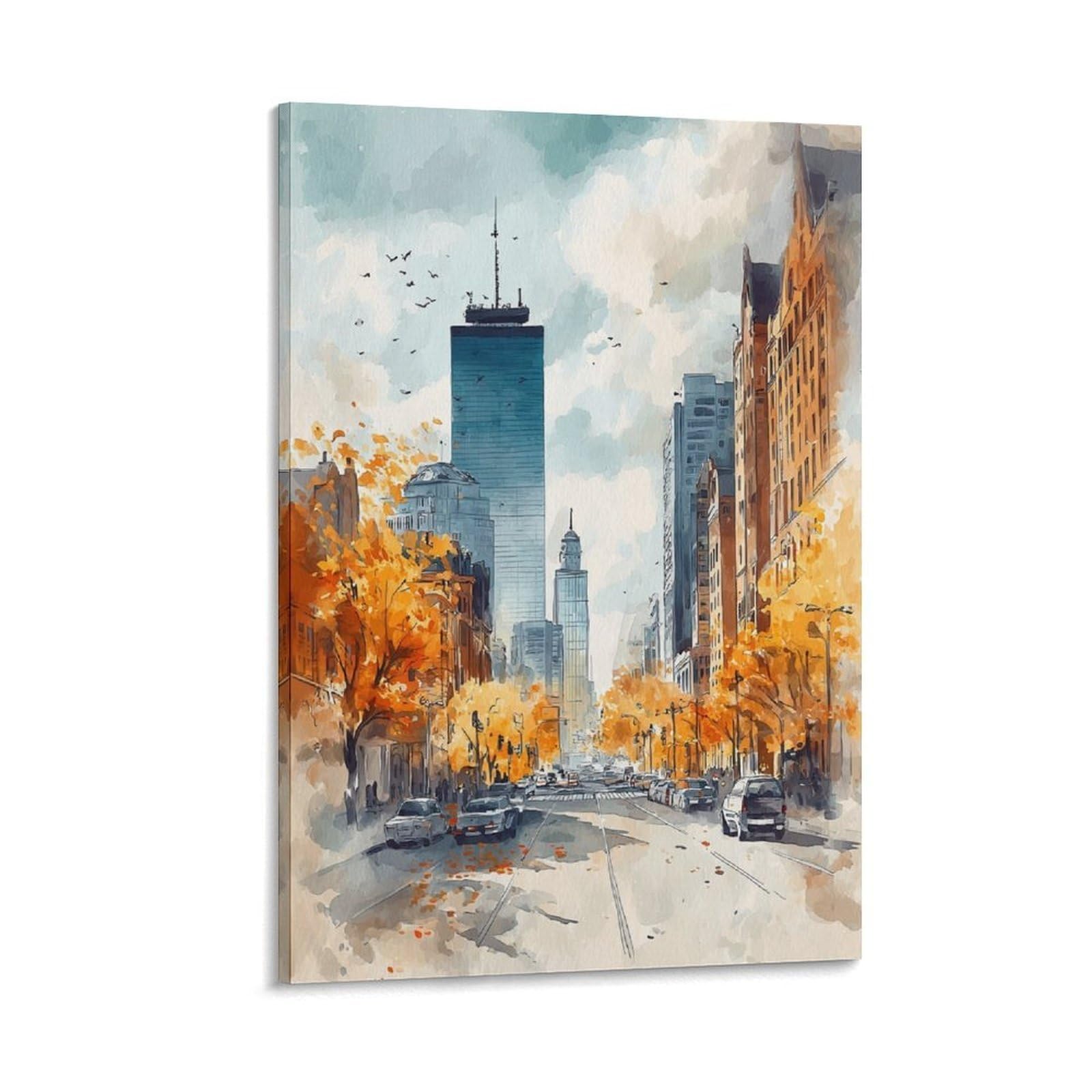 XWYMXZ Boston Watercolor Print Autumn Cityscape Poster 20x30inch(50x75cm) Vintage Watercolor Canvas Art