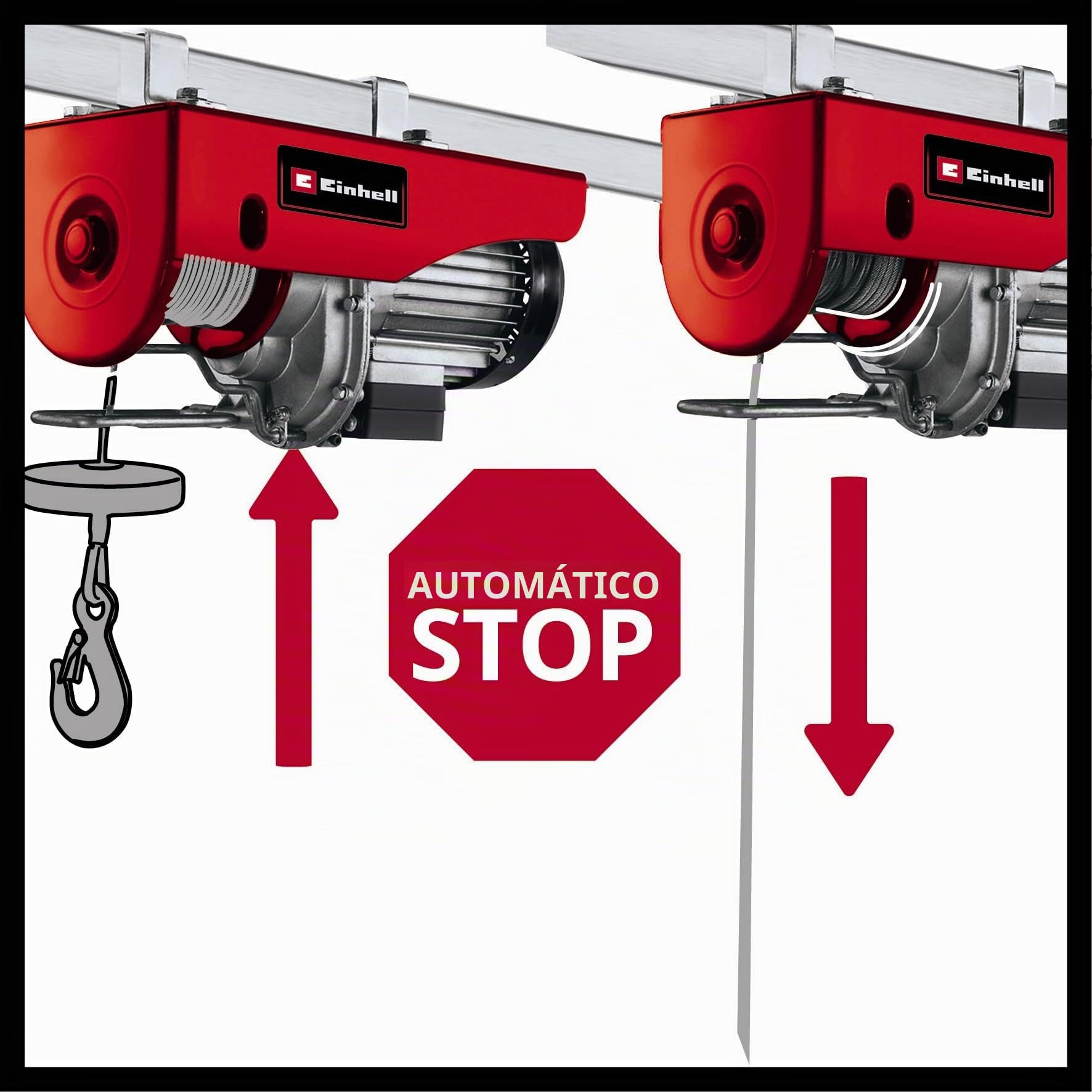 Einhell Polipasto eléctrico - TC-EH 500. 800 W, interruptor de parada de emergencia y termostático, freno automático. Incluye cable de 12 m, rodillo guía con gancho de carga y cierre de seguridad
