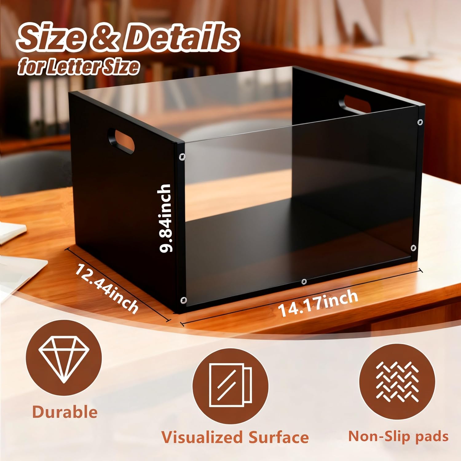 Hanging File Organizer Box with Handle, Acrylic File Folder Organizer Letter Size, Portable Hanging Folder Storage Boxes for Home Office Desk Document Storage, Black