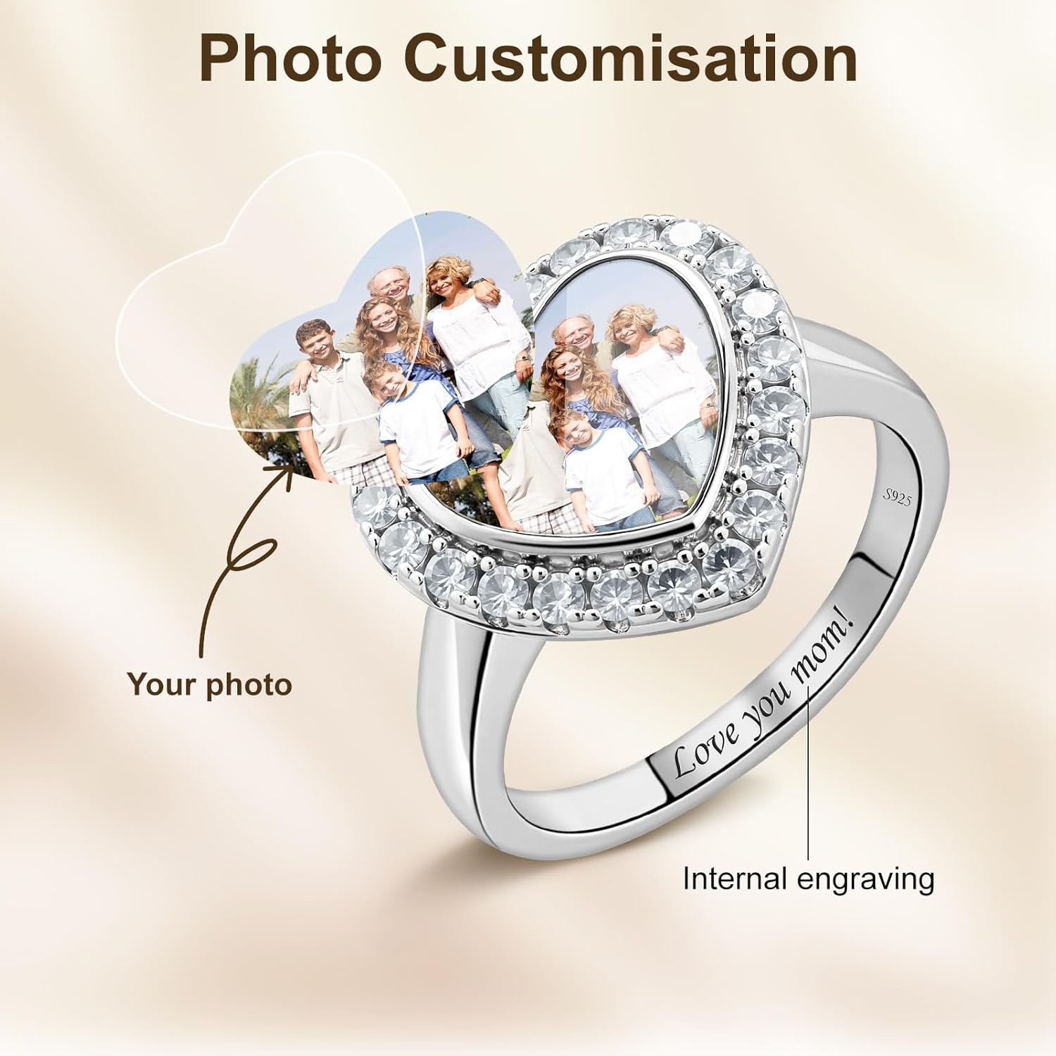 Personalized Photo Ring for Women - Heart/Square/Round Picture Ring with Engraved Name,Memory Gift for Mom Grandma Couple Friends Mother's Day Birthday Anniversary