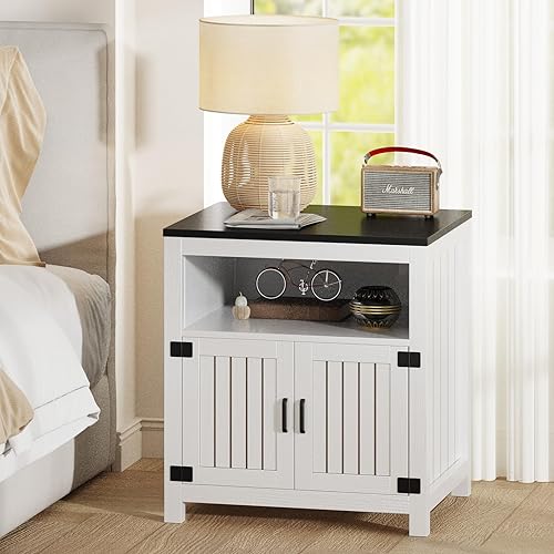 Miniatura 6 de Juego de 2 mesas auxiliares de granja con estación de carga, mesa auxiliar grande de 24 pulgadas con estante abierto y armario de almacenamiento,