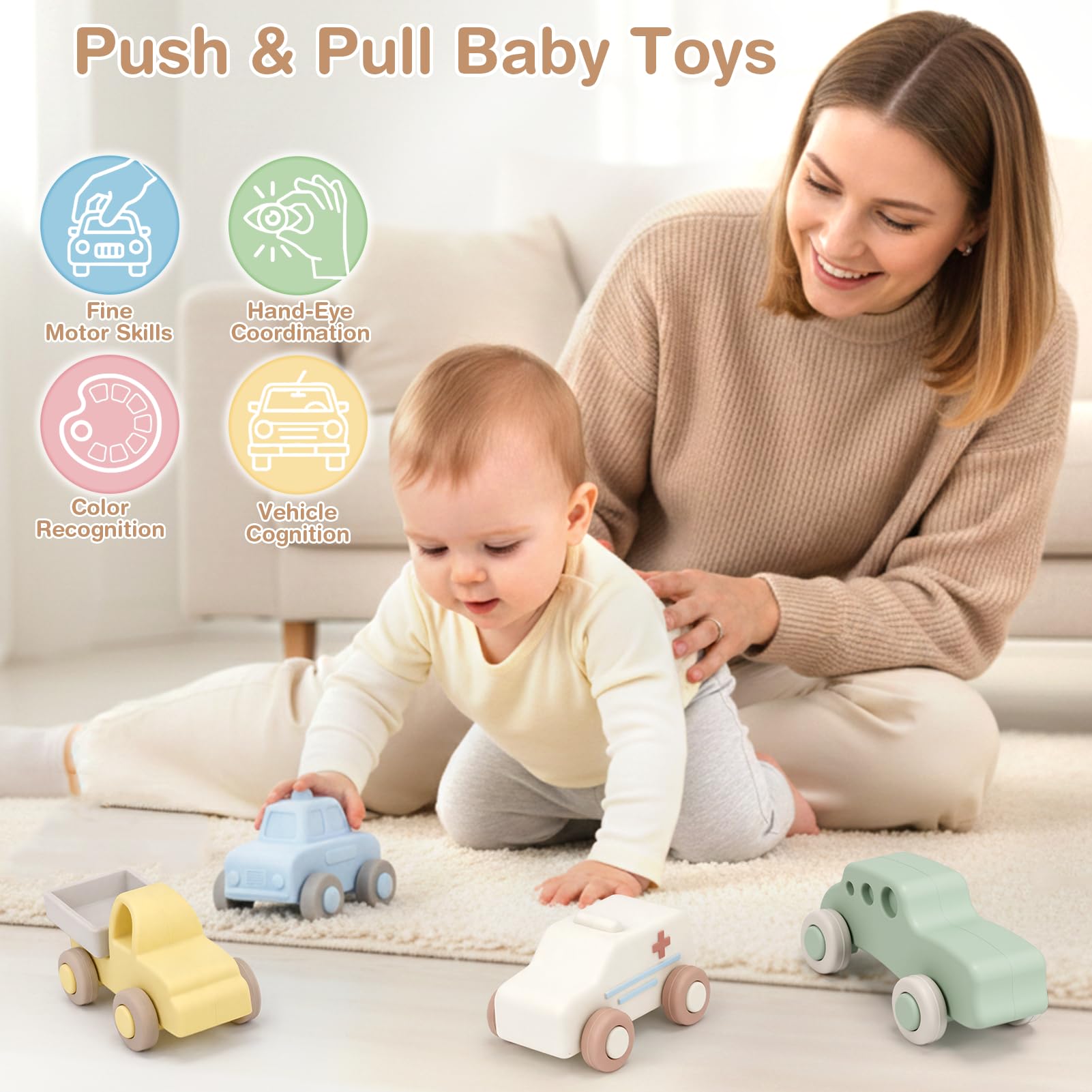Vanplay Macchinine per Bambini, Giochi Bambini 1 Anno Giochi Montessori 6 Mesi+ Silicone Dentizione Neonato Regalo Bambino 1 Anno (4 Pezzi)