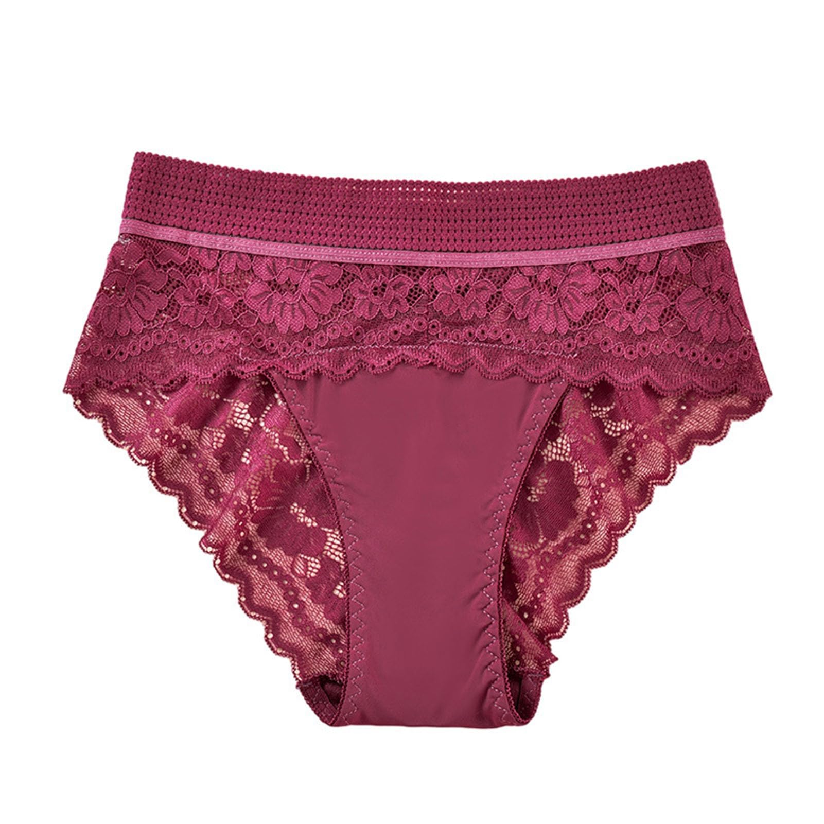 Lace Printed Mesh Underwear Women Underpants High Waist Hollow Out Soft Breathable Anti-septic Stretchy Moisture-wicking Red L