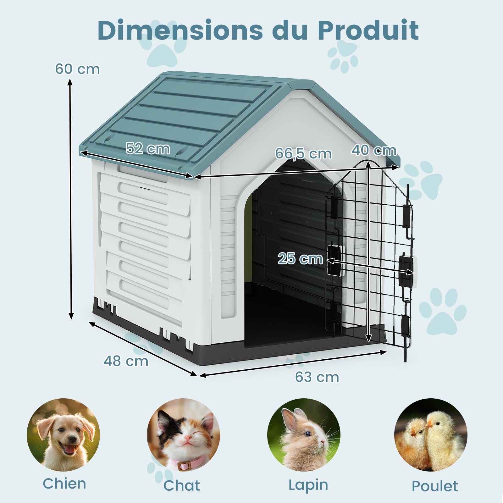 GYMAX Niche pour Chien avec Porte Métallique Verrouillable, Toit Incliné Anti-Accumulation d'eau, Bonne Ventilation, Abri en Plastique pour Animaux Convient pour Intérieur et Extérieur (Bleu)