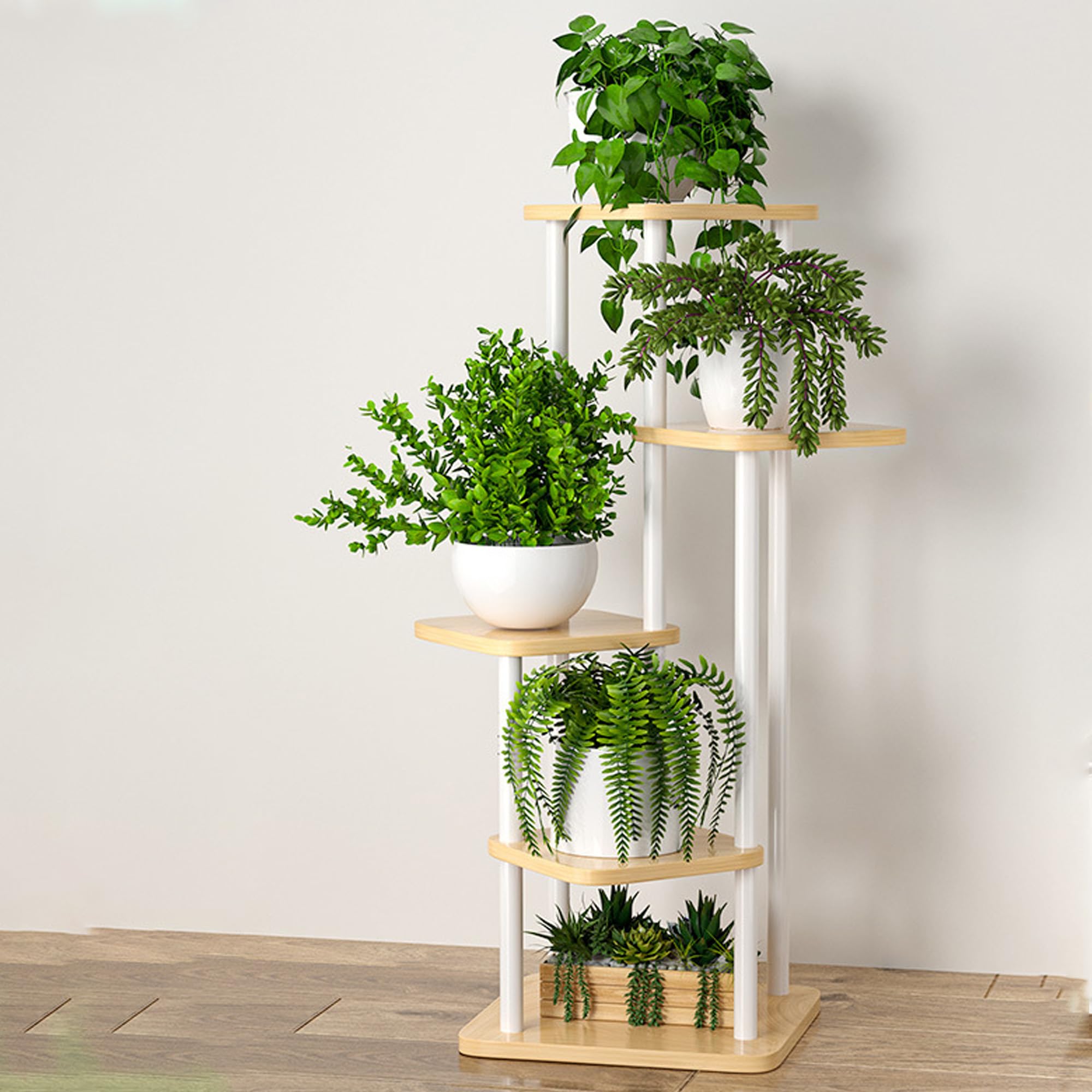 Étagère d'angle en Bois et Métal à 5 Niveaux pour Plantes, Support Plantes Interieur, Étagère à Fleurs d'angle pour Intérieur et Extérieur, pour Plantes, pour Balcon, Jardin, Blanc