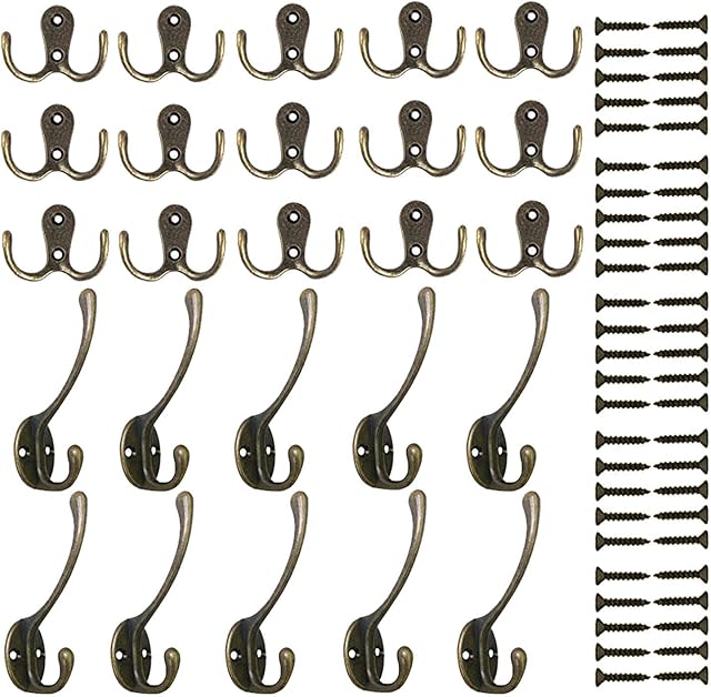 PietyPet 15 Pieces Double Prong Robe Hook Cloth Hanger and 10 Pieces Heavy Duty Dual Coat Hooks Wall Mounted with Screws for Coat, Scarf, Bag, Towel, Key, Cap, Cup, Hat (Retro)