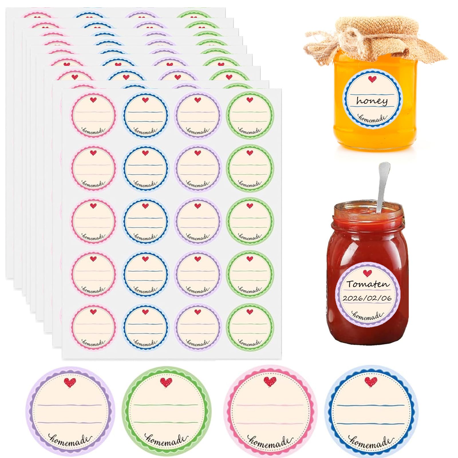 Xinfin 600 Stück Marmeladen Etiketten Marmeladengläser Selbstklebend | Aufkleber Marmeladengläser zum Beschriften von Einmach-Gläsern,Gewürzetiketten,38 mm Rund 4 Farbe Handmade Sticker