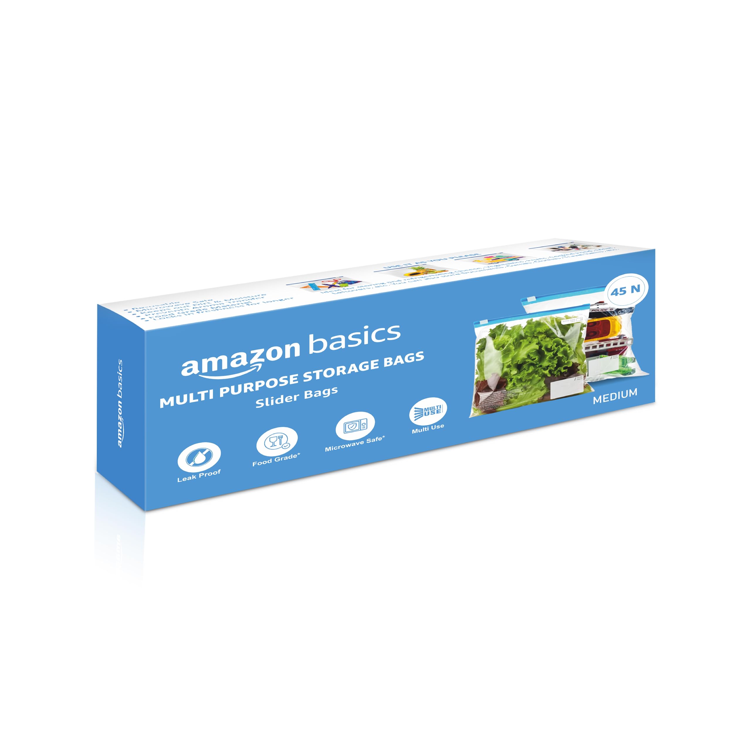 Amazon Basics - Multipurpose Slider Storage Bags | 45 Bags | Medium | 26 x 28 cm | Reusable and Reclosable | Material Plastic | Leak- Proof | Food Grade | Microwave Safe 2