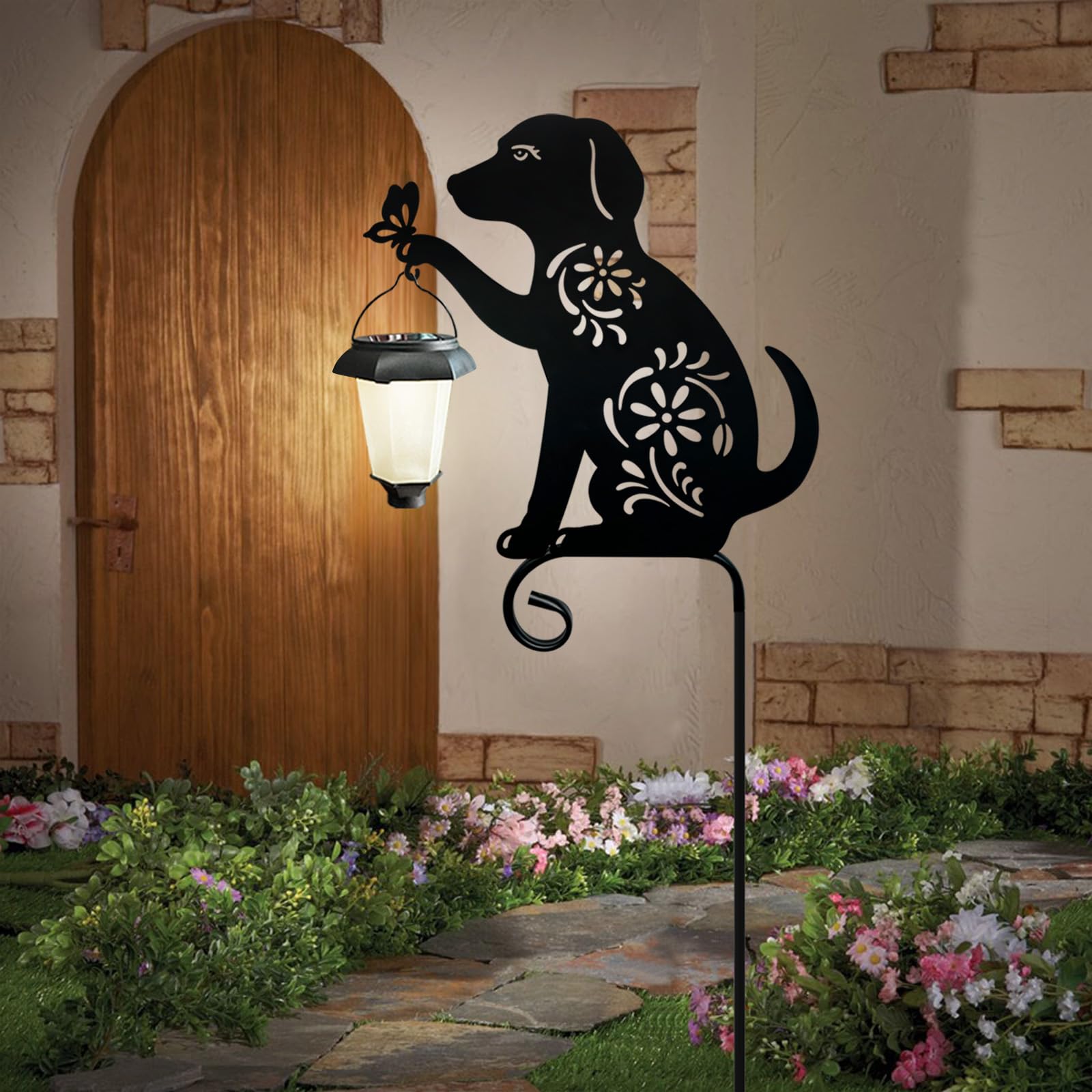 Piquet de jardin en métal pour chien avec lanterne solaire pour extérieur