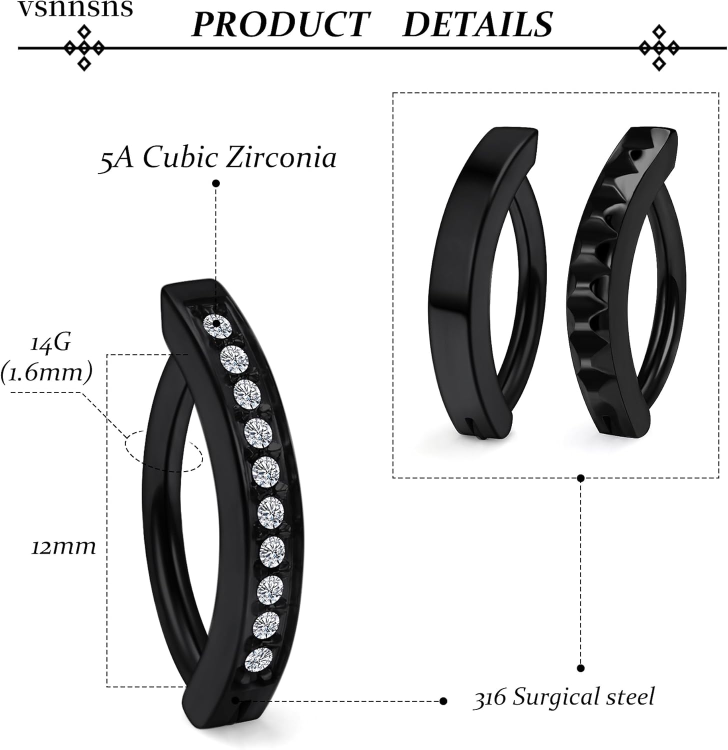 Vsnnsns 14G Clicker Belly Button Ring Piercing Jewelry 316L Stainless Surgical Steel Diamond CZ Navel Rings Clear CZ Clip Belly Button Ring Piercing Jewelry for Women Men 14 Gauge 10MM 12MM - Image 3