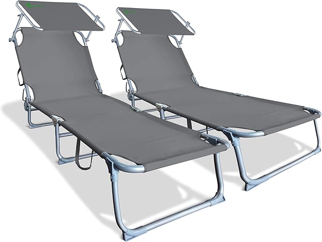VOUNOT Folding Sun Loungers Set of 2, Sunbed with Adjustable Backrest & Sunshade for Garden, Beach, Patio, Pool, Camp, Load 110 kg, Grey