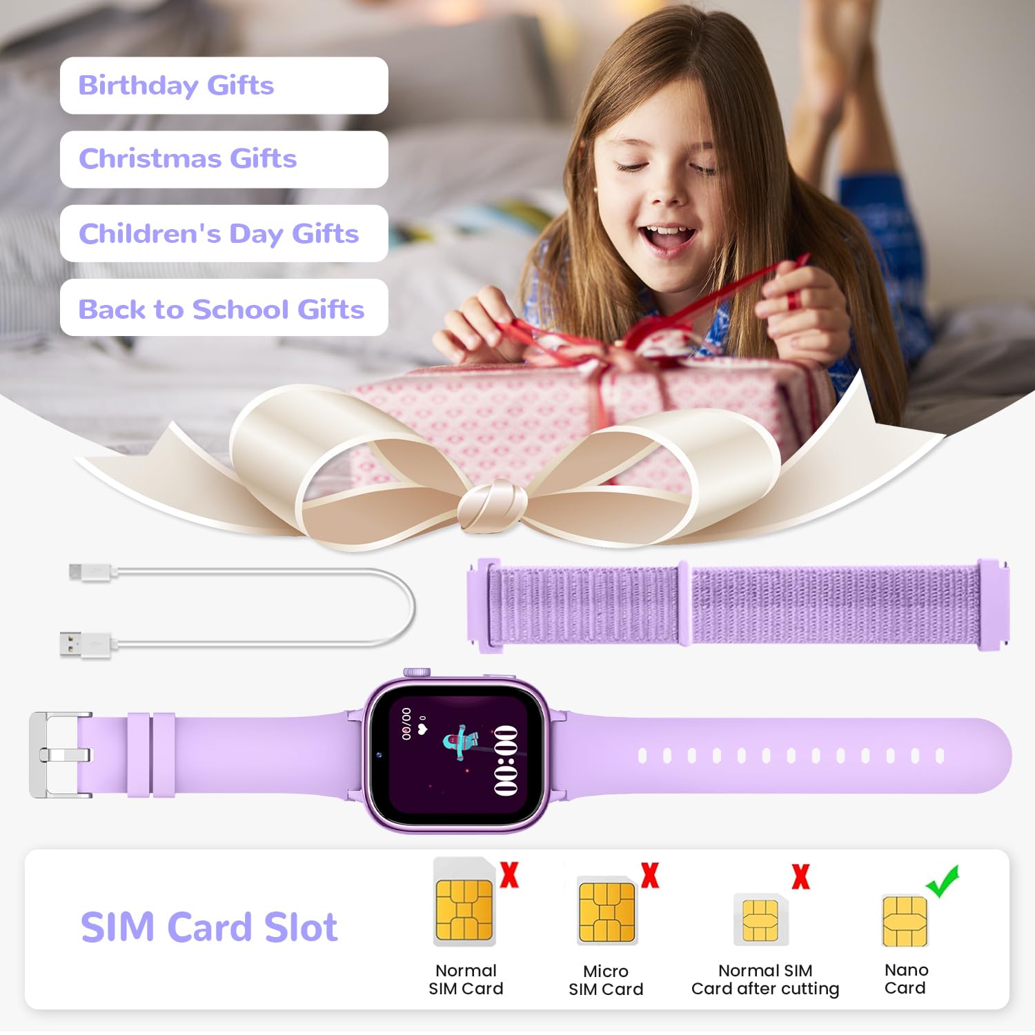 RUXINGX Inteligentny zegarek dla dzieci, Smartwatch dla dzieci z GPS i rozmowami wideo, telefon, czat głosowy, SOS, tryb szkoły, aparat, krokomierz, monitor snu, IP68 wodoodporny prezent dla dziewcząt