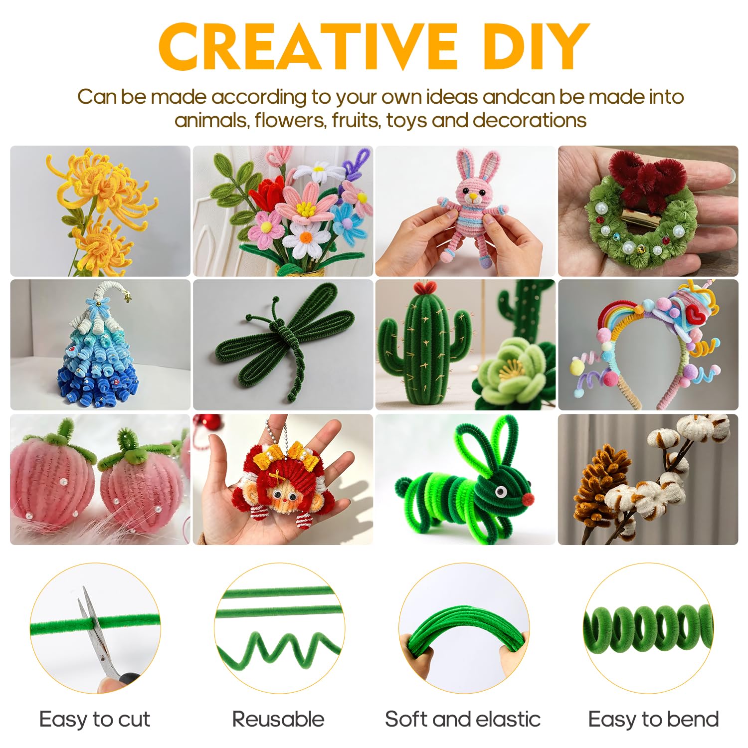 1000PCS Pipe Cleaners Bulk, 20 Colors 8mm Thick Pipe Cleaner Flower Kit
