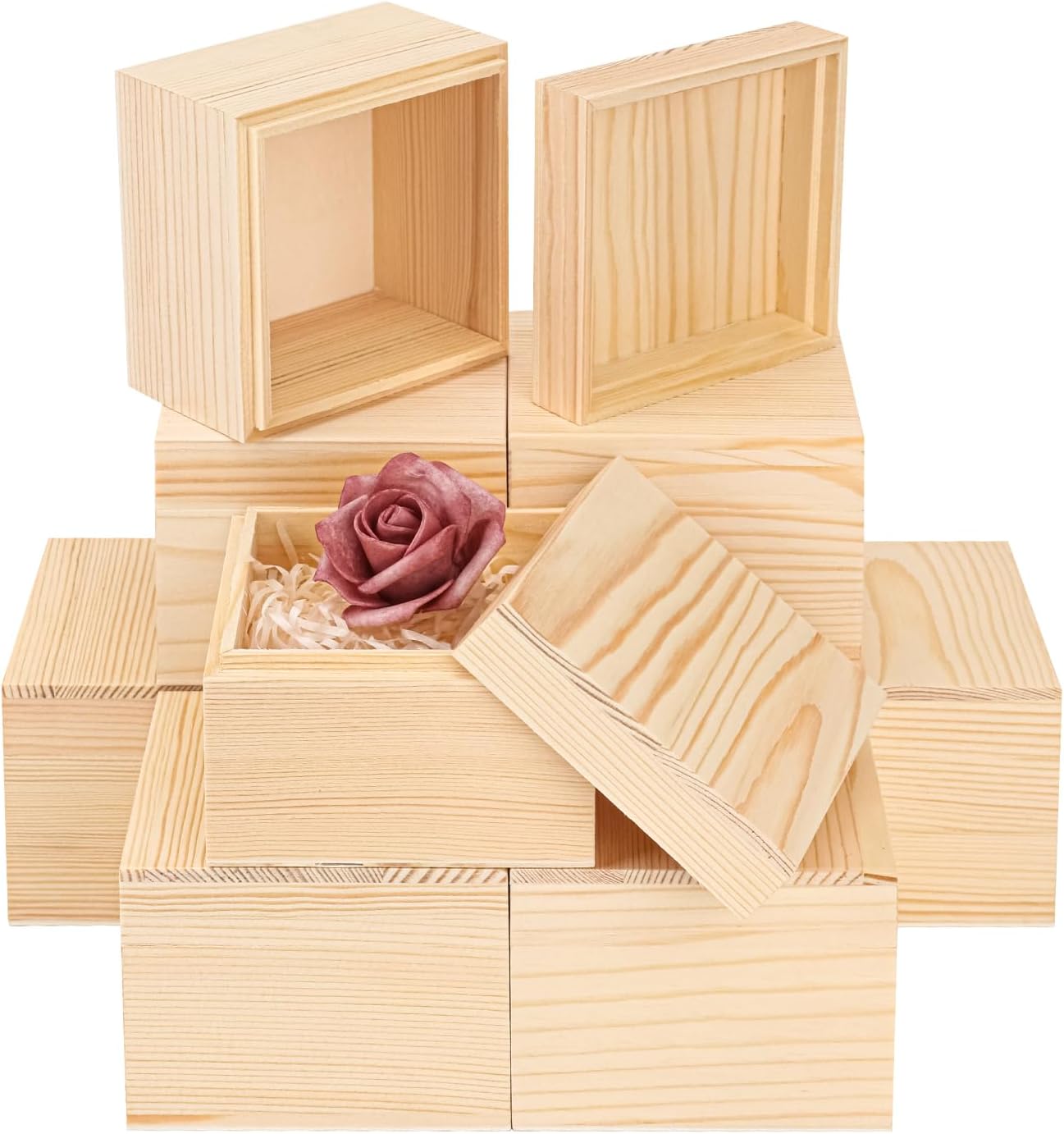 9 PCS 3.94 x 3.94 x 3.15 Inch Unfinished Square Wood Box with Lid, Wooden Treasure Boxes, Small Wood Keepsake Box, Wooden Storage Box and DIY Craft Stash Boxes for Home Decor