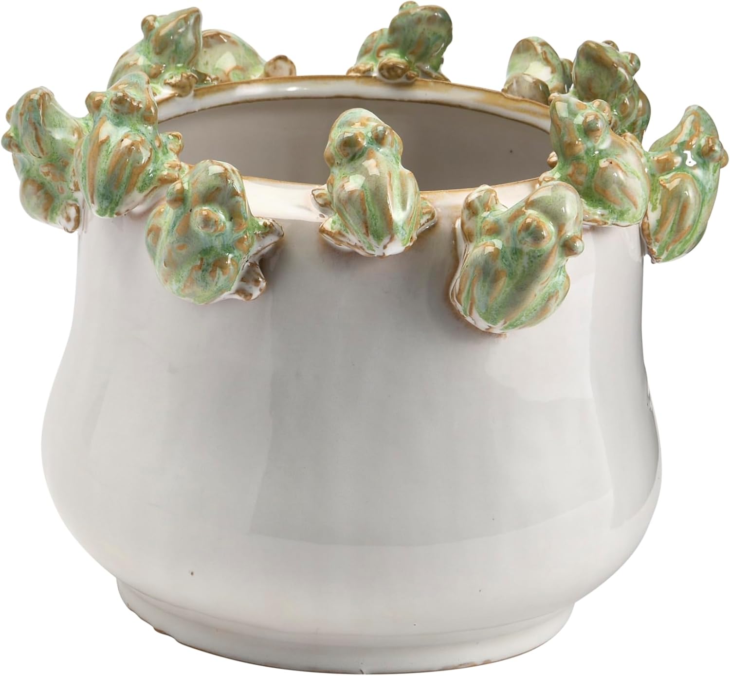 Creative Co-Op Stoneware Planter with Frogs on Rim and Reactive Glaze, Green and White