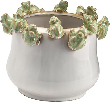 Creative Co-Op Decorative Stoneware Planter with Frog Figurine Rim, White and Green