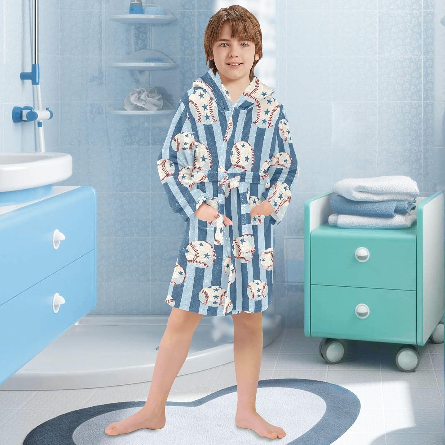 senya Baseball Blue Background Toddler Hooded Bathrobe Kids Soft Plush Bath Towel Robes for Boys Girls 2-12 Years