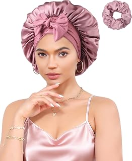 100% Mulberry Silk Bonnet Reversible Hair Bonnet for Women Elastic Tie Band Hair Wrap for Sleeping with Silk Hair Scrunchy(Light Pink+Bean Paste)