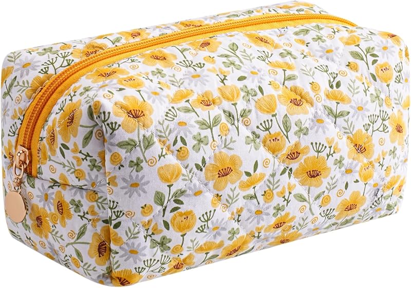 Necessaire de maquiagem acolchoada WHHJM em algodão, estampa Yellow Big Flowers, com zíper