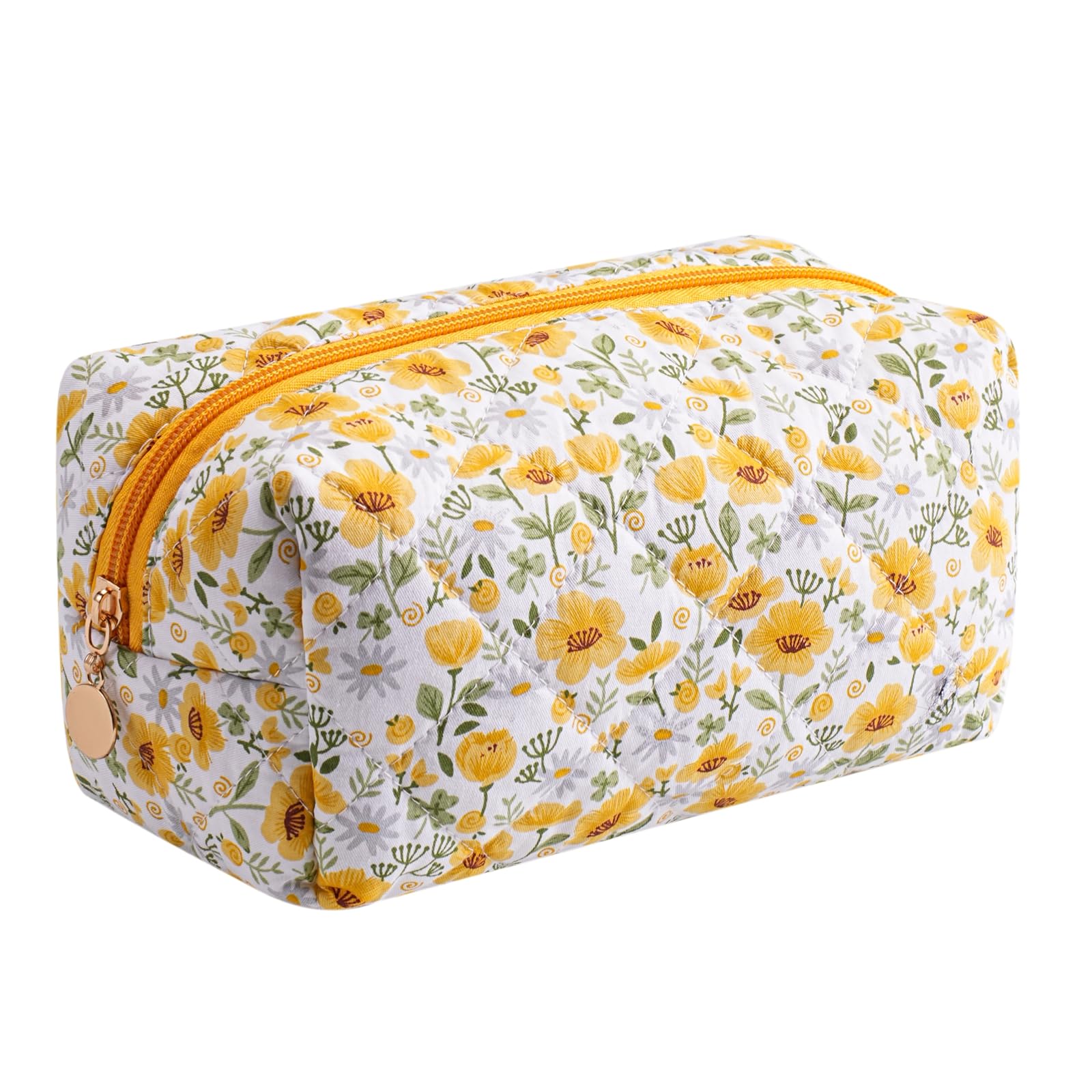 cute floral makeup bag small cotton quilted cosmetic bag, aesthetic essential bag emergency bag gift for women girls travel accessories (yellow big flowers)