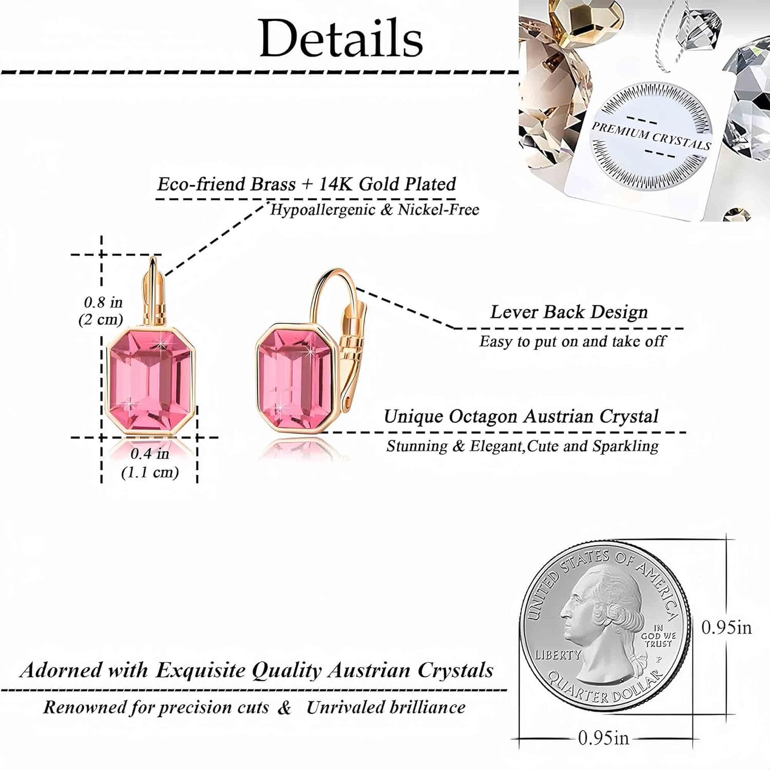 Austrian Crystal Octagon Leverback Drop Earrings for Women 14K Rose Gold Plated Hypoallergenic Jewelry - Image 4