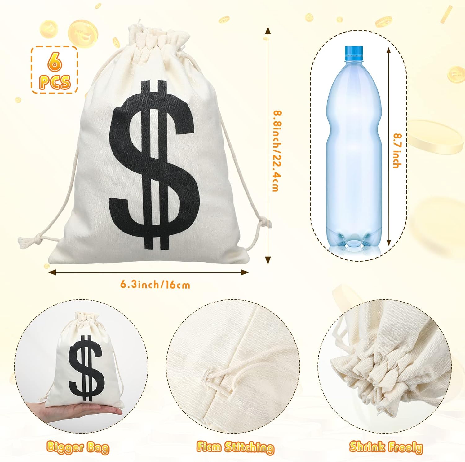 Liliful 112 Pcs Fake Gold Bar Set 6 Replica Brick Bullion Glittering Movie Props 6 Dollar Sign Canvas Money Bags 100 Plastic Gold Play Coins for Christmas Pirate Bank Robber Costume Party Game