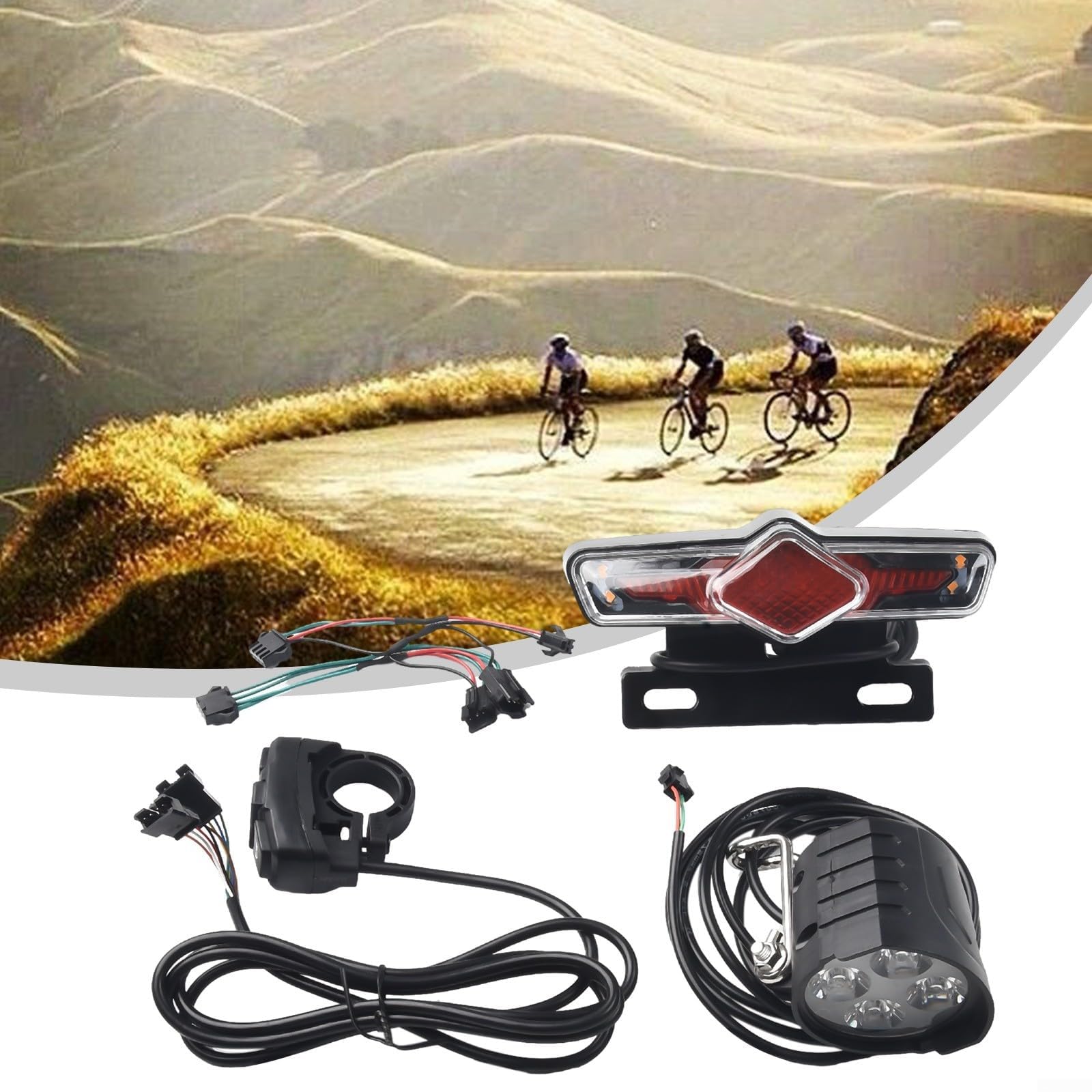 Set di luci a LED per Bici elettriche, luci Anteriori e Posteriori, Cavo Interruttore DK336, 36-60 V, Impermeabile IPX4, Controllo clacson per Bicicletta elettrica, retrofit Fit