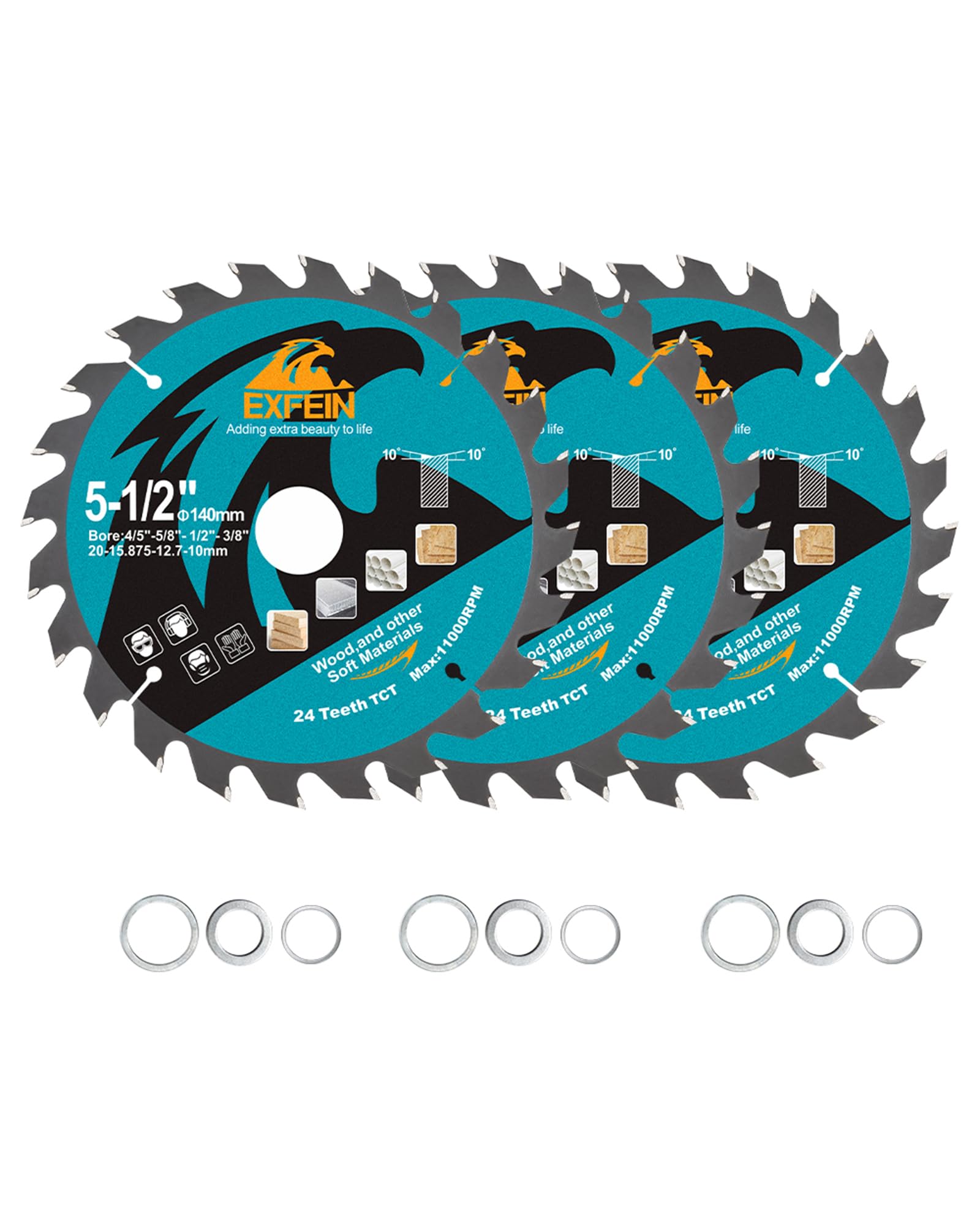 EXFEIN 140mm Wood Cutting Discs 3pcs,24 Teeth ATB TCT Fine Finish Disc with 20mm Bore for Wood Plastic