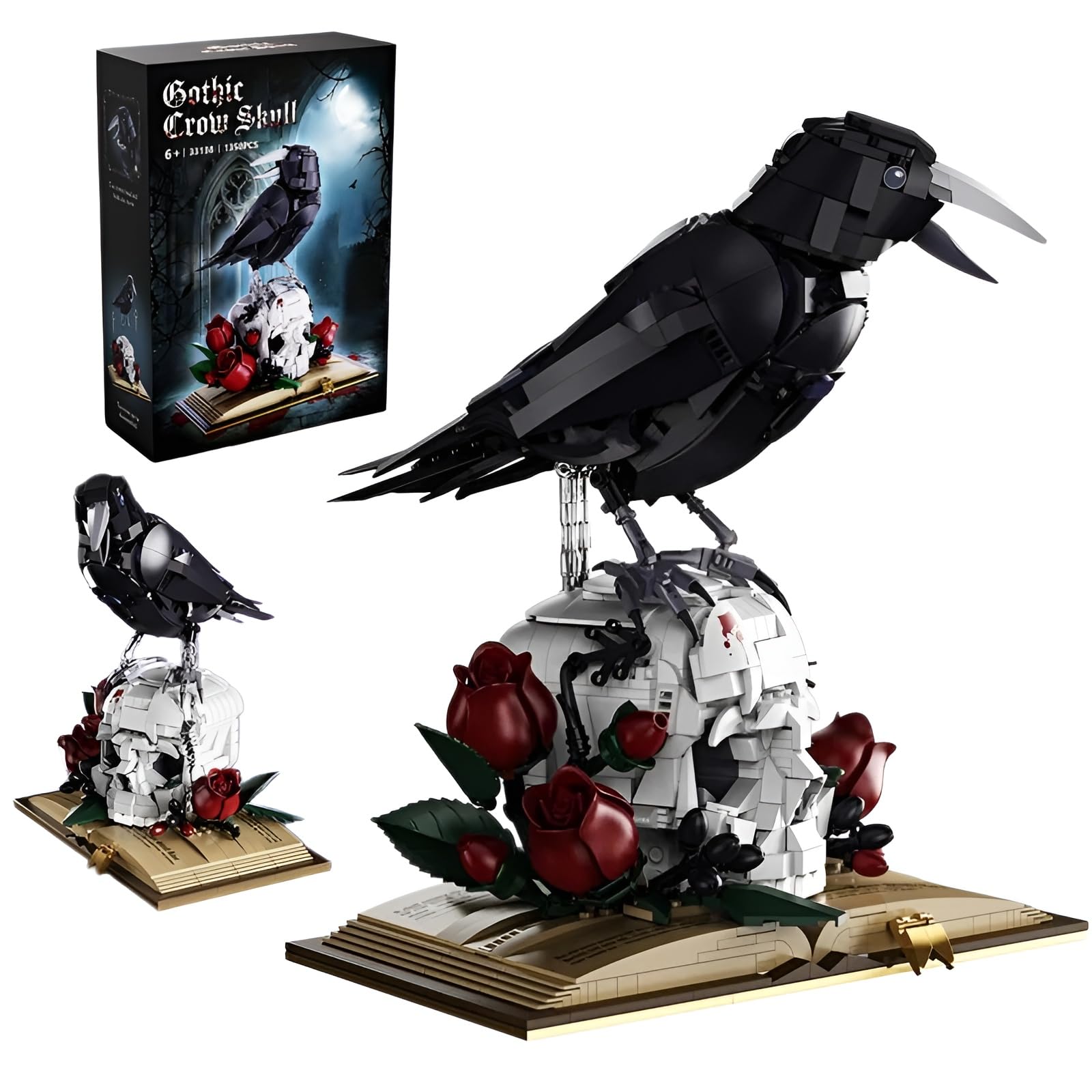 Gothic-Rabe & Totenkopf Bausteine Bausatz, 1358 Teile | Krähen Skelett Klemmbausteine mit Blumen, Kreuz, Büchern, Horror Stil Tischdekoration, Geburtstags Erwachsene, Jugendliche