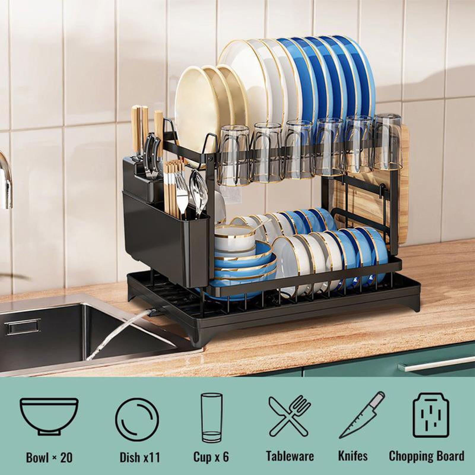 Scolapiatti Per Piano Cucina 2 Ripiani Grande Organizer In Acciaio Al | Scolapiatti Per Cucina Spugne Scolatoio Pulizia Organizzazione Scarico Rubinetto Utensili Doccia Casa
