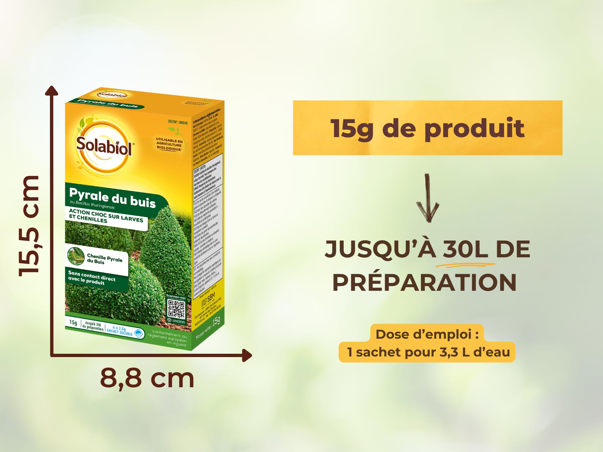SOLABIOL 2 Traitements Pyrale du Buis Au Bacillus Thuringiensis (BTK) - Action Choc sur Larves et Chenilles - 12 Sachets Hydrosolubles - 30g - Utilisable en Agriculture Biologique SOPYRAL15X2