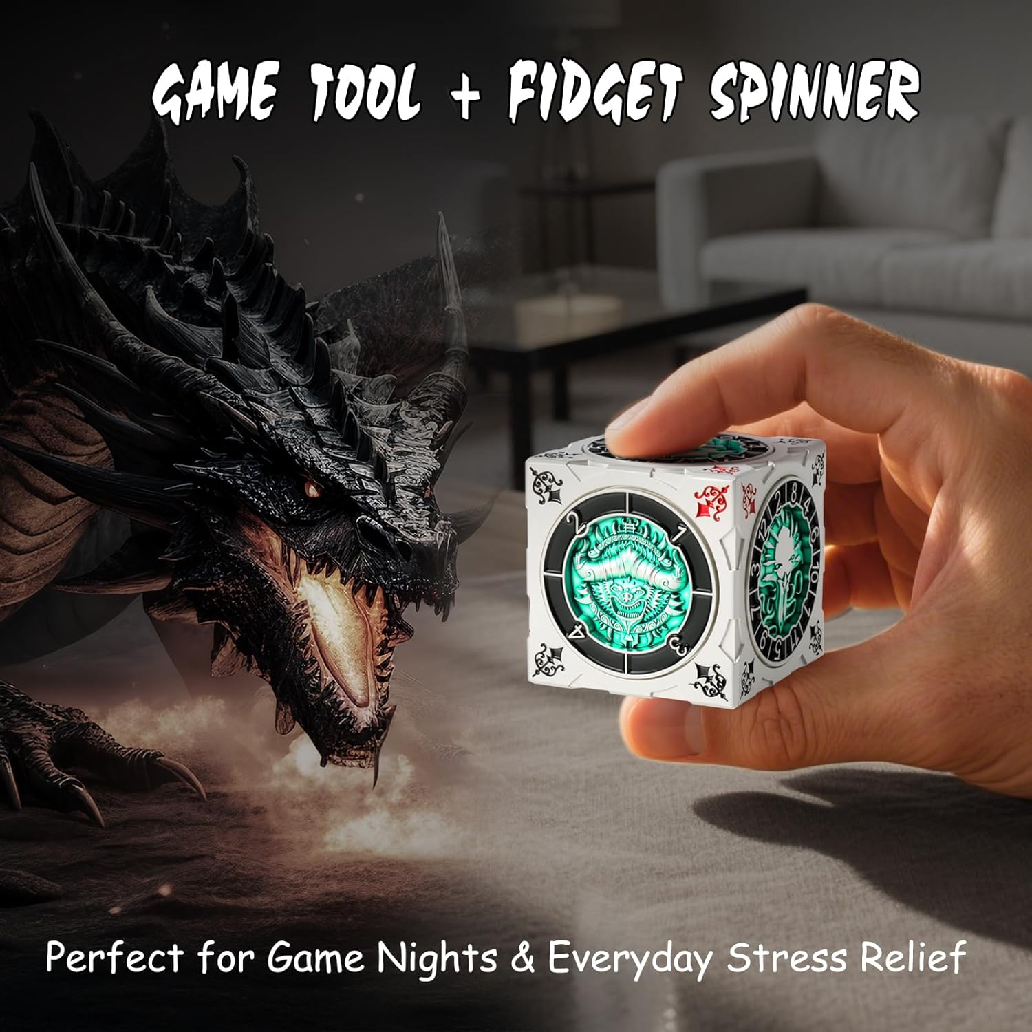 DNDND Multi-Functional Spinner Dice Cube – Iconic D&D Monster Themed Collector's Gift for TTRPG, DND Dungeon Masters & RPG Tabletop Gaming (Silver&Green)