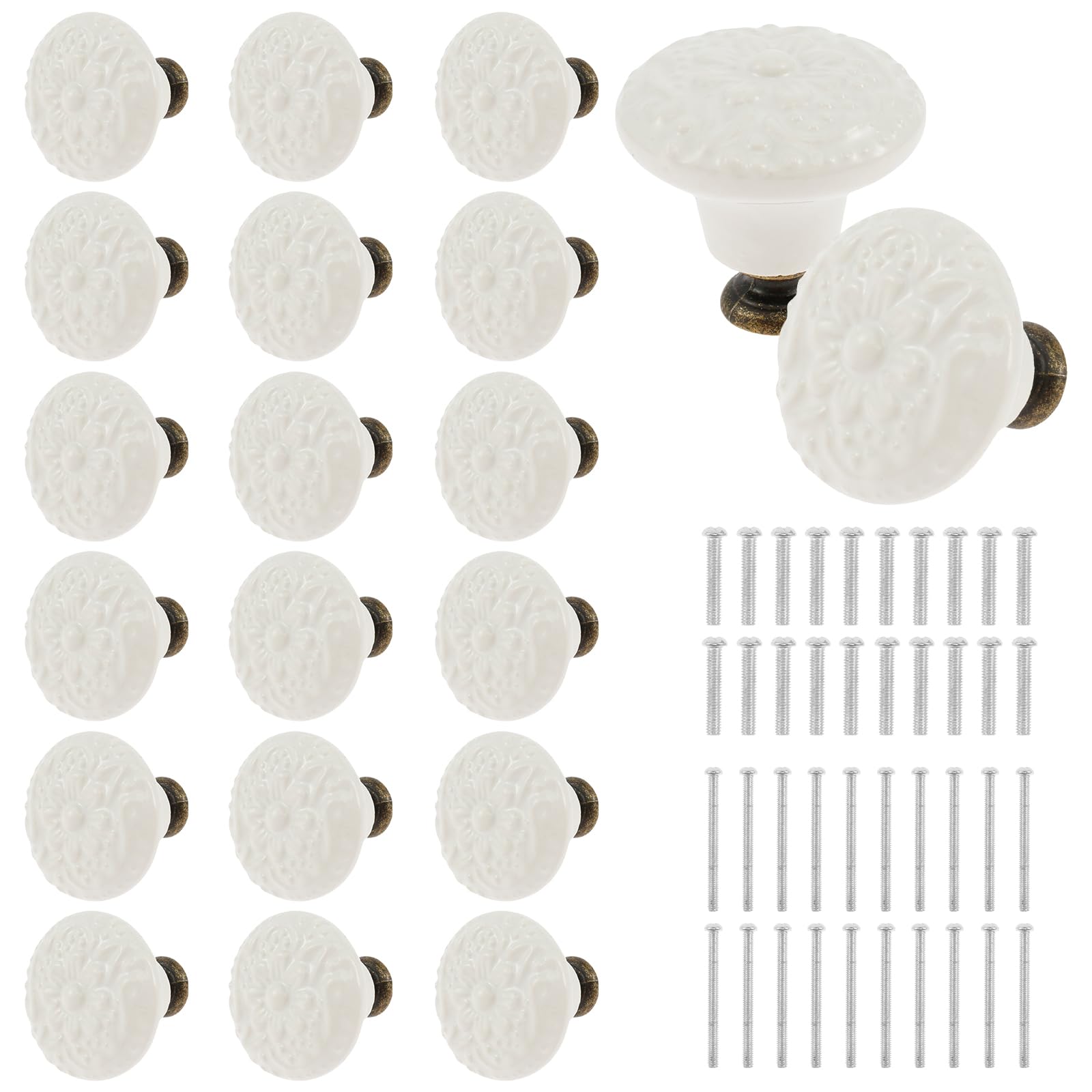 Yunyouc White 20Pcs Ceramic Drawer Knobs, Vintage Flower Cabinet Pulls, Retro Dresser Decorative Flower Handles With Mounting Screws For Cabinets Drawer Cupboard Wardrobe, Diameter 1.4 Inch(White)