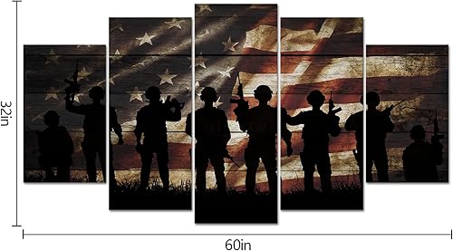 Miniatura 4 de VVOVV Wall Decor Lienzo con bandera estadounidense, soldados militares, ejército, arte de pared, bandera de Estados Unidos, tema patriótico, madera,