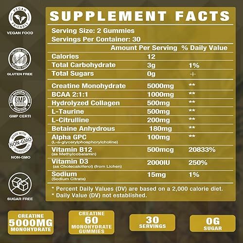 Miniatura 8 de Monohidrato de creatina con vitaminas D3 y B12 Gomitas de colágeno hidrolizado y creatina sin azúcar 60