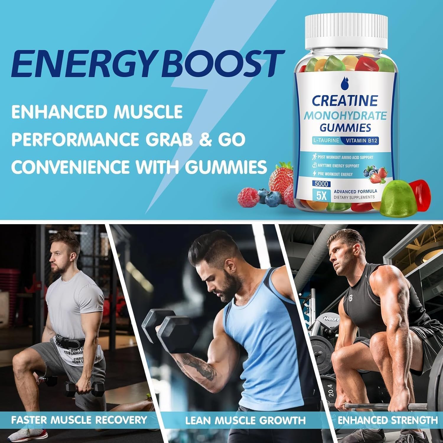 Creatine Monohydrate Gummies 5000mg Creatine for Women & Men 2 Packs, Creatine Monohydrate Chew for Boost Focus, Muscle Strength, 5g Creatine Monohydrate per Serving, Sugar Free, Vegan
