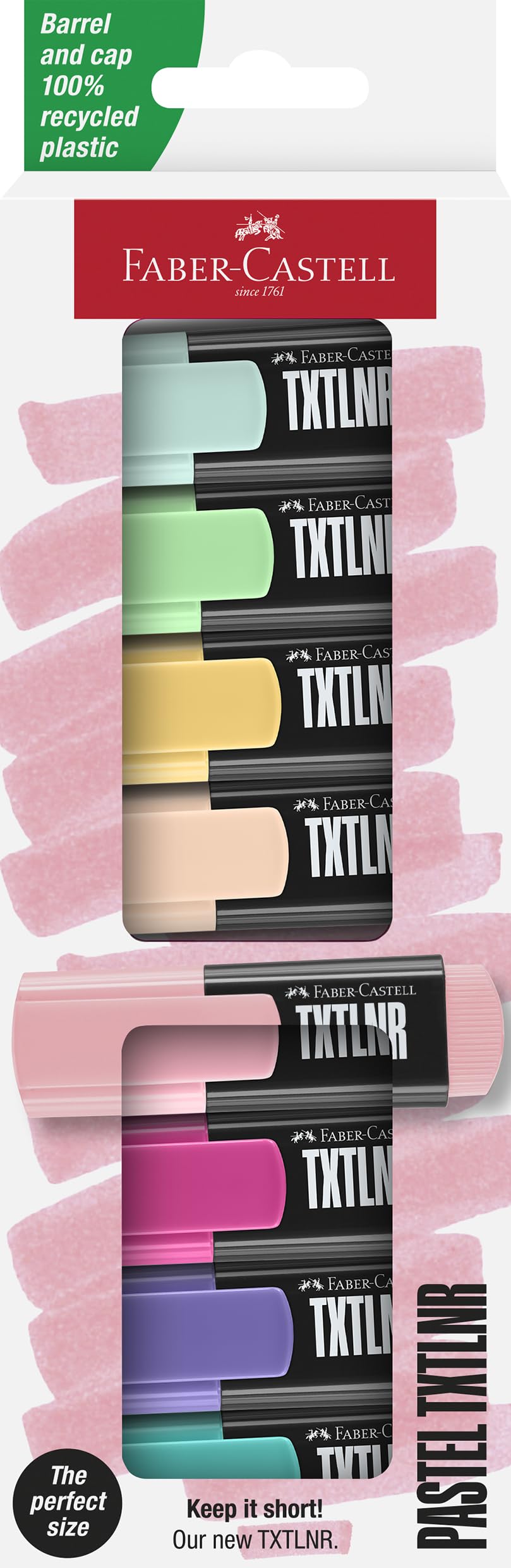 Faber-Castell 154218 - Textmarker Set TXTLNR, 8 Pastell Marker für Kinder und Erwachsene, Textmarker Mini