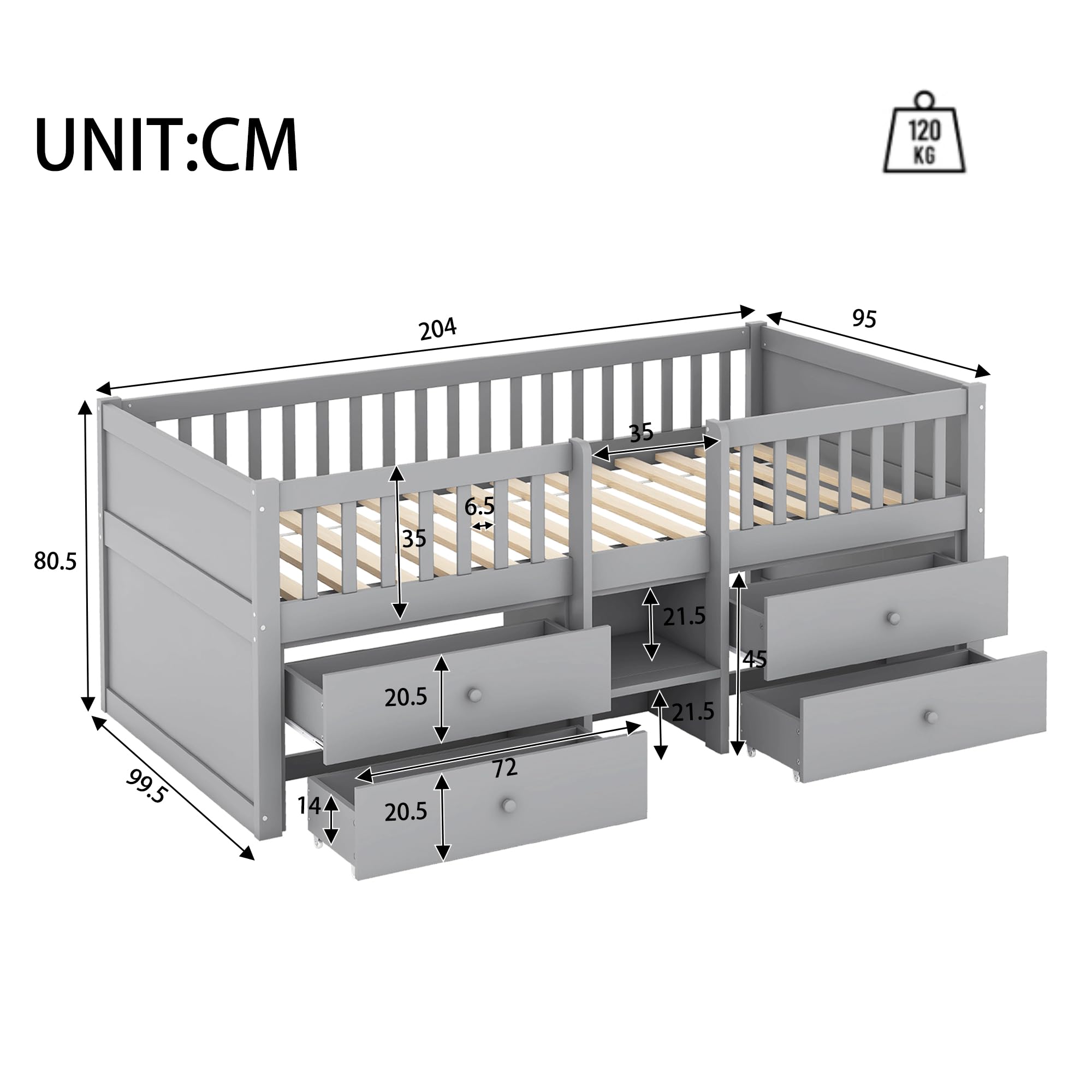 Lubvtti Cama para niños con 4 cajones, Cama Montessori 90 x 200 cm,Cama Infantil con barandilla y Base de láminas, sin colchón, Estilo Minimalista, Gris