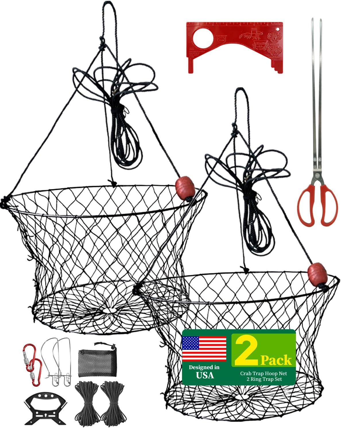 2Pack Double Ring Crab Trap with Bait Clip & Crab Gauge, 24" Top, 20" Bottom, Crabs Snare Fishing Net with Tarred Twine, Heavy Duty for Dungeness, Dock, Kayak, Pier and Shore Fishing