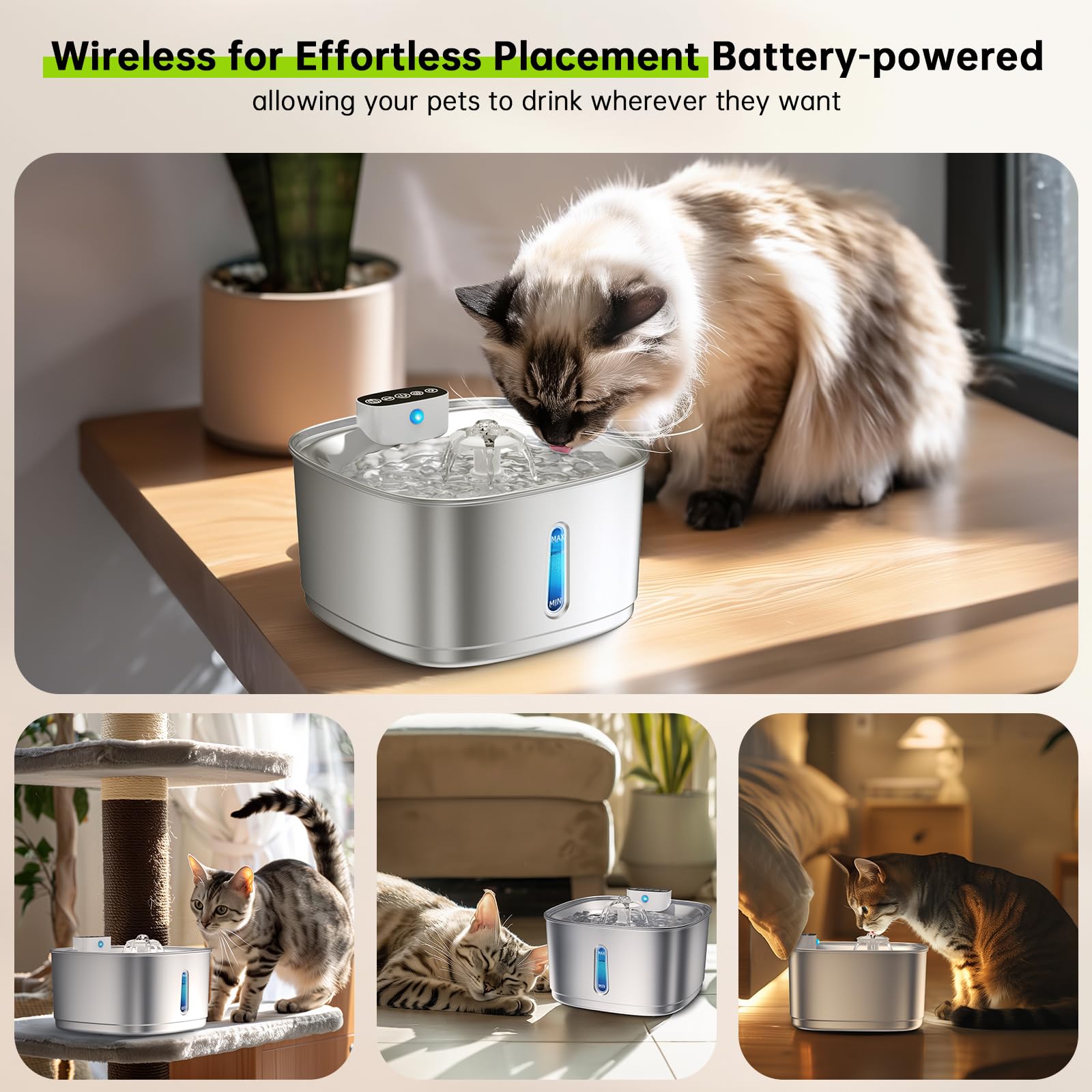Wireless Cat Water Fountain Battery Operated, 108oz/3.2L Stainless Steel Automatic Pet Water Fountain for Cats & Dogs with Motion Sensor, Ultra Quiet Cordless Cat Drinking Fountain with 4 Filters