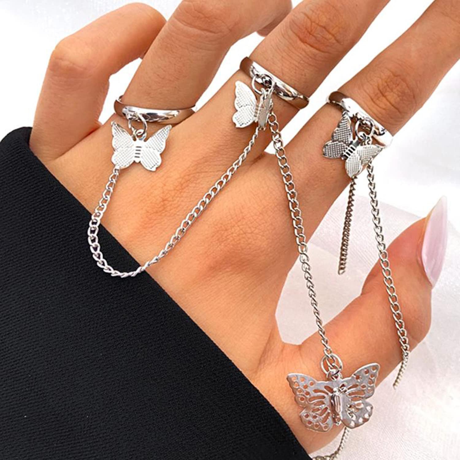 Butterfly Chain Rings Set Plated Toned Inspired