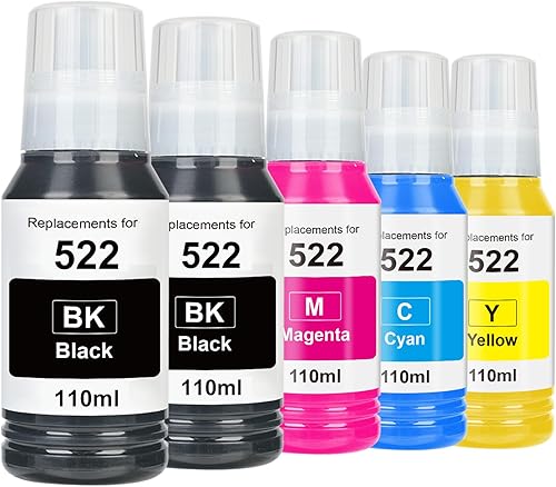 Paquete combinado de 522 botellas de repuesto de tinta de alta capacidad remanufacturadas para Epson 522 EcoTank Ink funciona con EcoTank ET-2400,