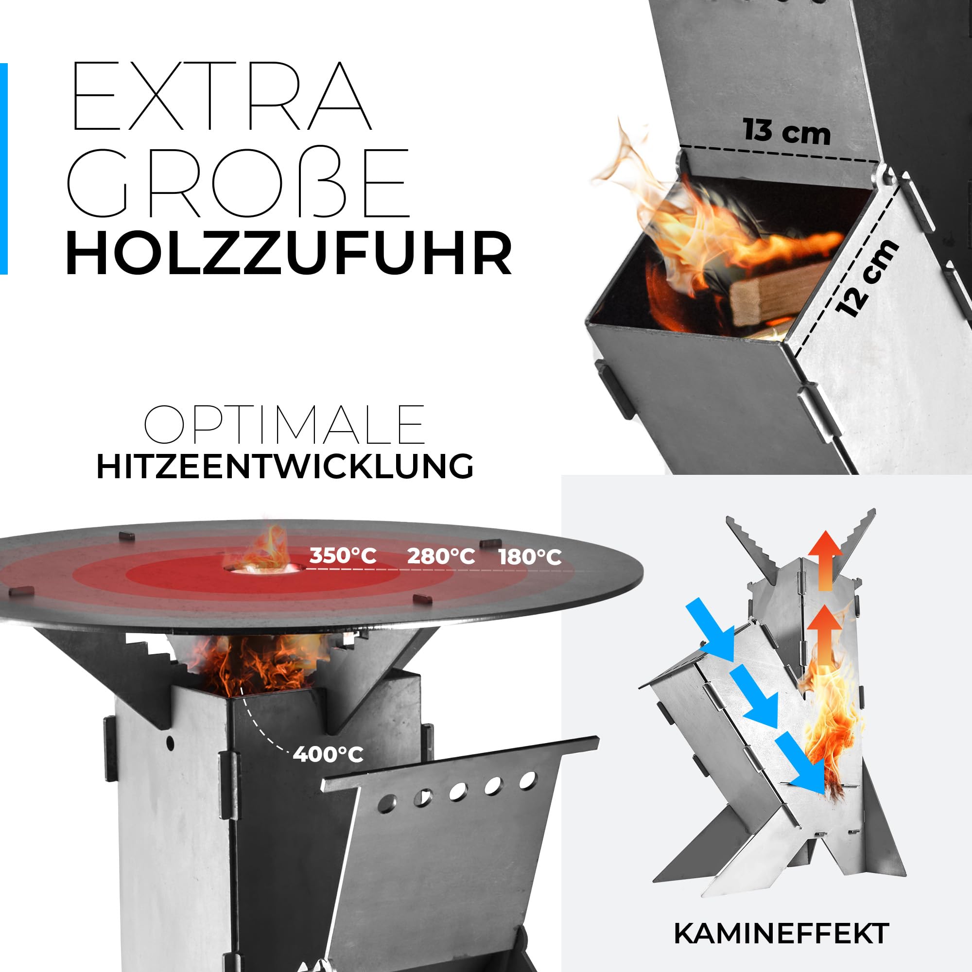 GRAFT Raketenofen inkl. Grillplatte Rocket Stove Stecksystem aus massivem 3 mm dickem Stahl | Feuerschale | Pelletofen | Holzofen | Campingkocher | Campinggrill | Holzkochherd