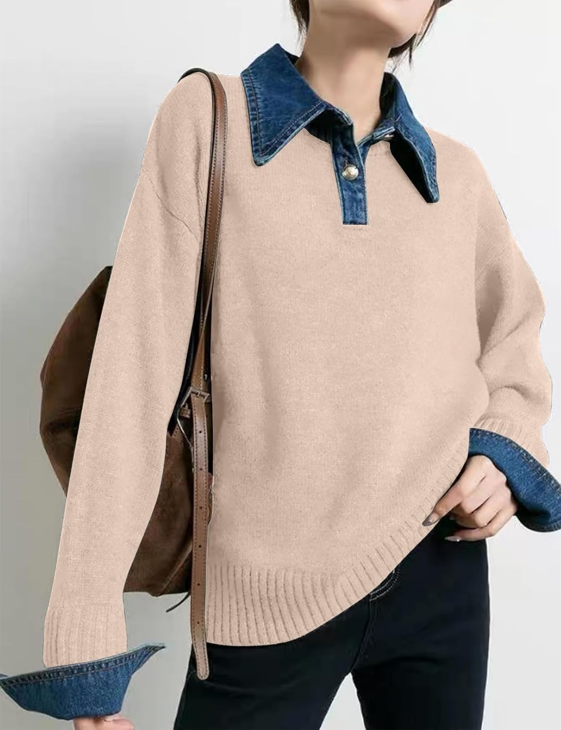 Womens Fall Oversized Long Sleeve Sweaters 2 in 1 Denim Panel Lapel Sweater Polo Knit Sweater Tops - Image 2