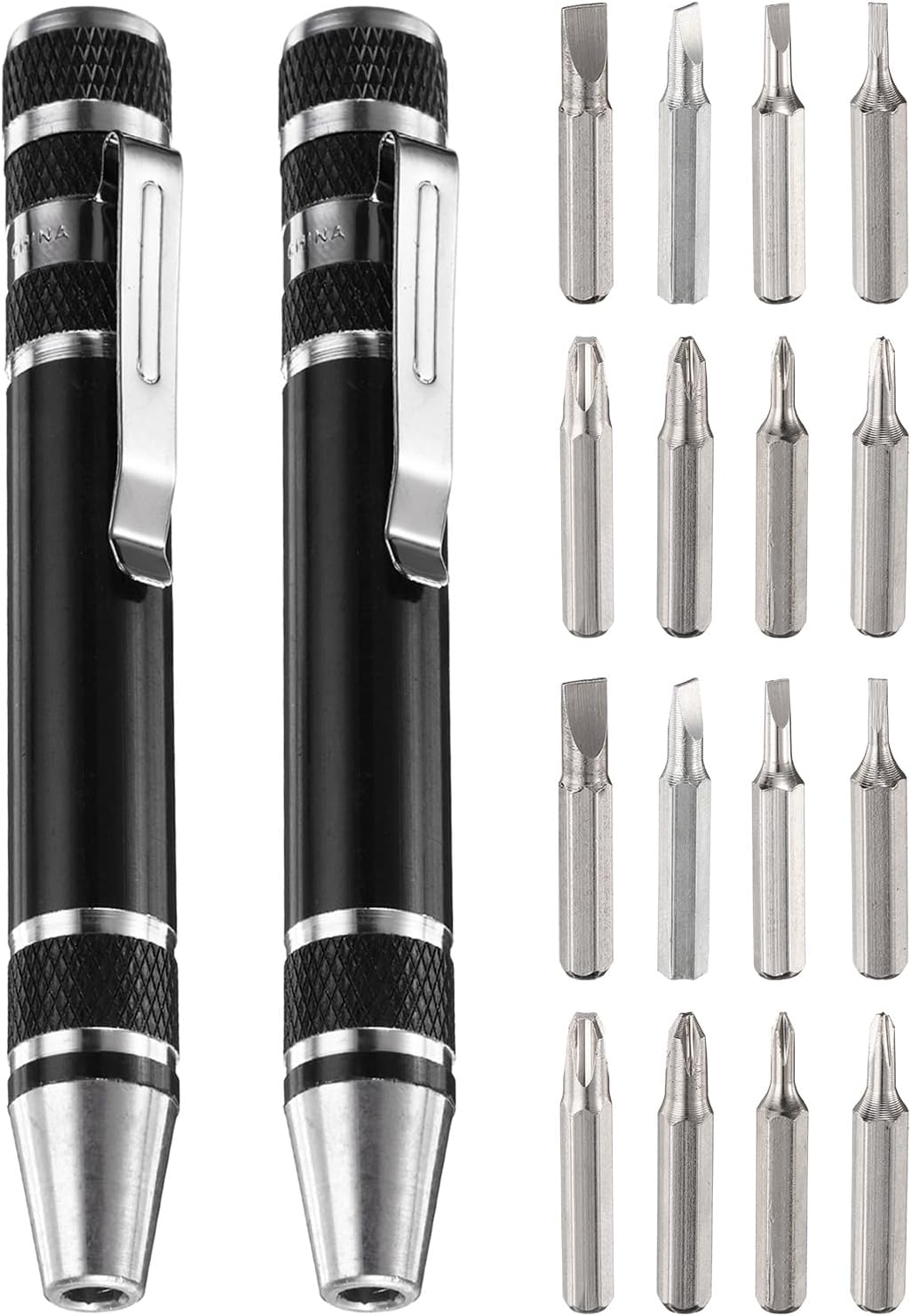 2pcs 8 in 1 Mini Pocket Pen Screwdriver Set Multi-Function Small Magnetic Screw Driver with Phillips and Flat Head Bits for Computer Eyeglasses, Black