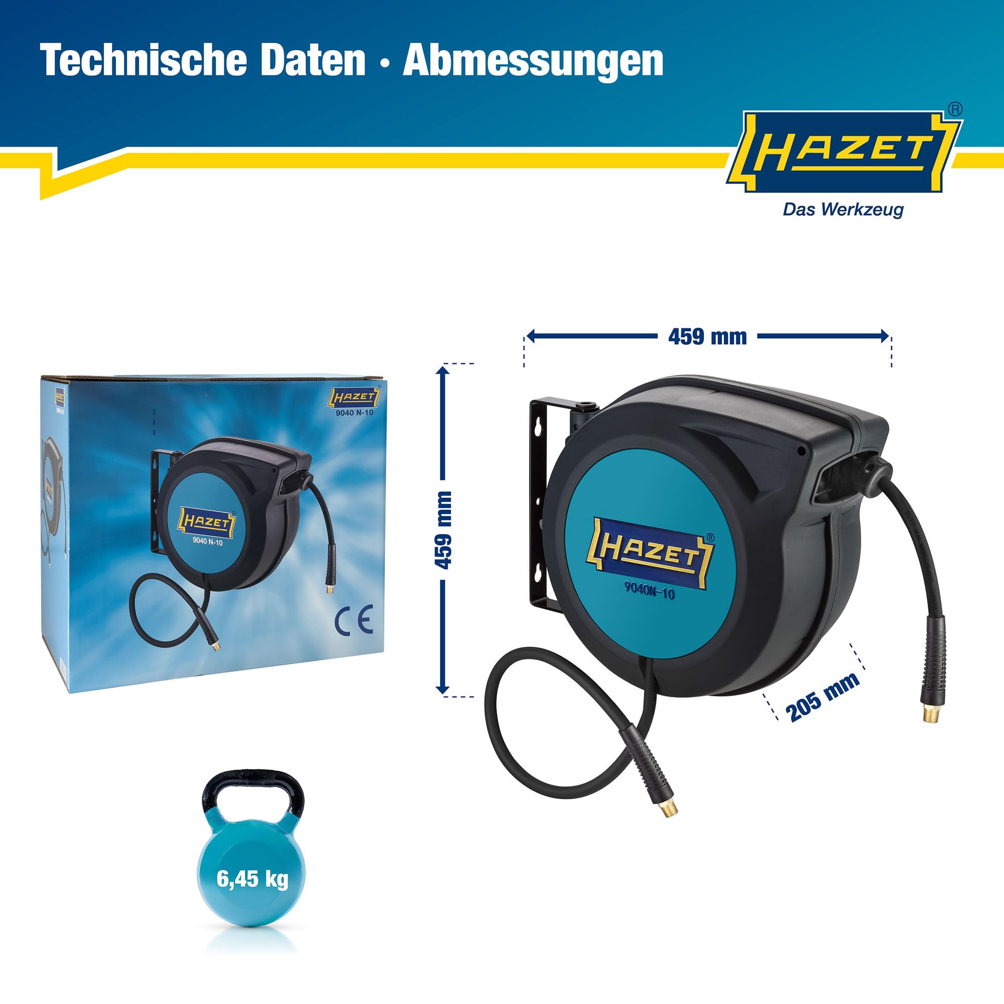 HAZET Schlauch-Aufroller 9040N-10 I Schlauchlänge: 15 m, Schlauchinnendurchmesser: 10 mm, max. Druck: 20 bar für Druckluft und Wasser I Schlauchtrommel für sauberes Aufwickeln von Schläuchen